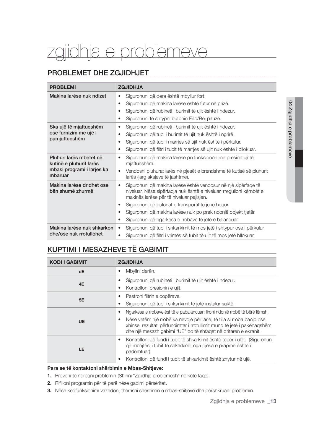 Samsung WF7602SAV/YLE, WF7600SAV/YLE manual Zgjidhja e problemeve, Problemet DHE Zgjidhjet, Kuptimi I Mesazheve TË Gabimit 