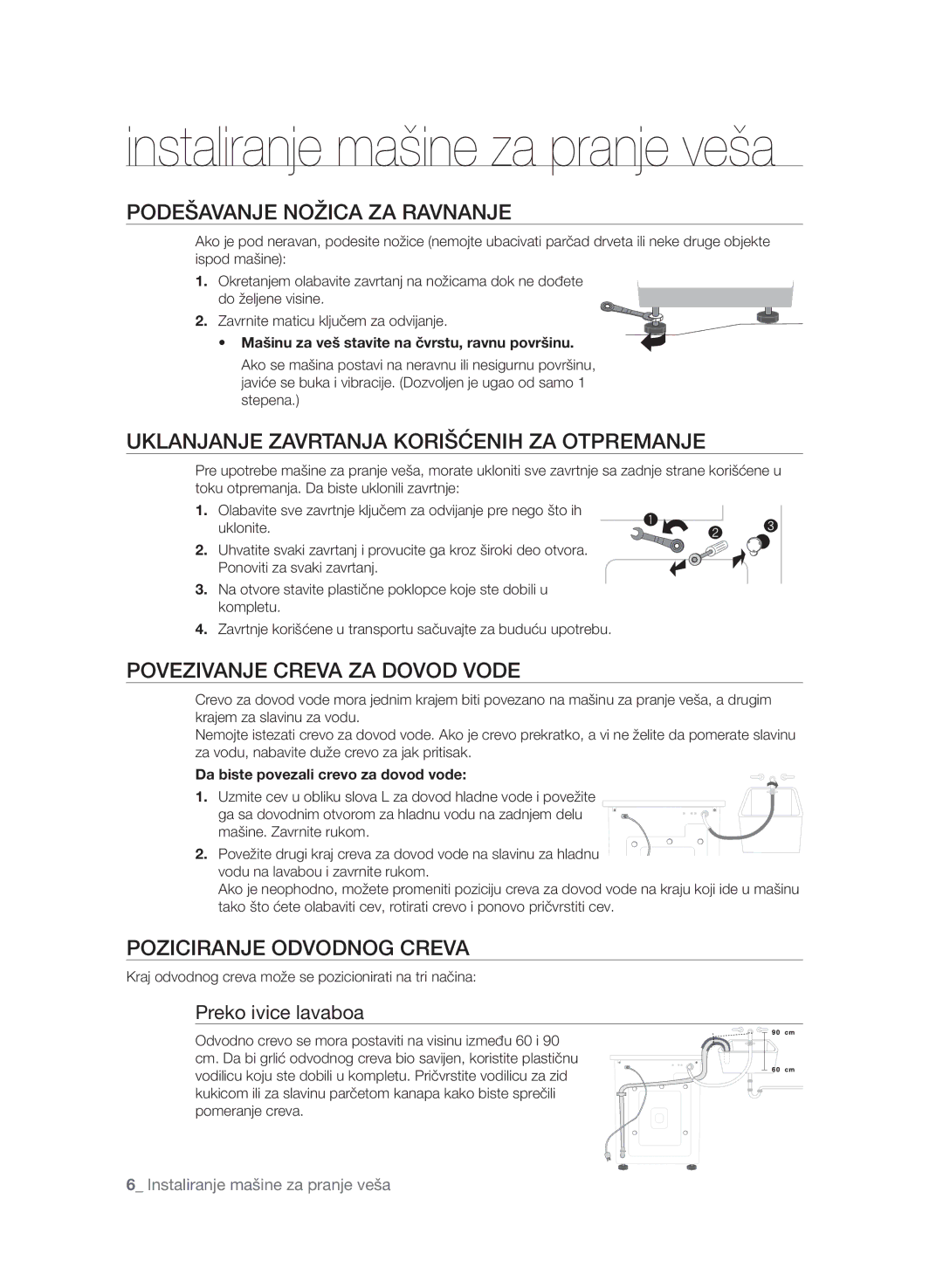 Samsung WF7600SAV/YLE Podešavanje Nožica ZA Ravnanje, Uklanjanje Zavrtanja Korišćenih ZA Otpremanje, Preko ivice lavaboa 