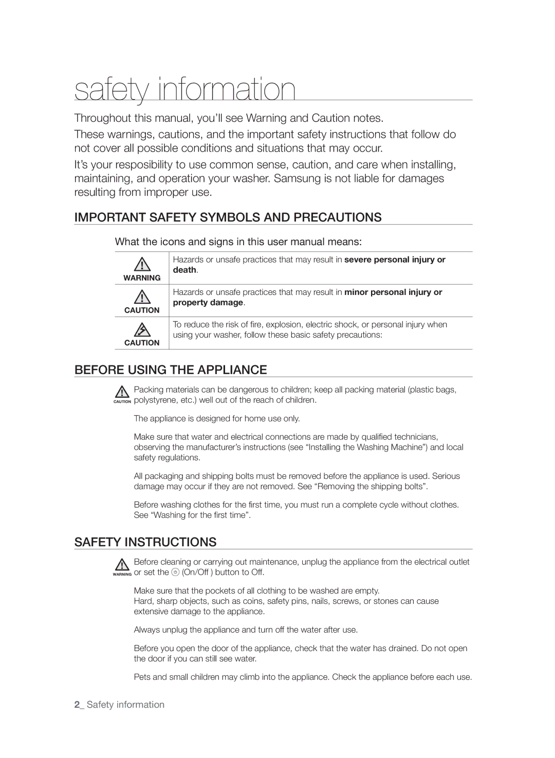 Samsung WF7604SAV/YLE manual Safety information, Important Safety Symbols and Precautions, Before Using the Appliance 