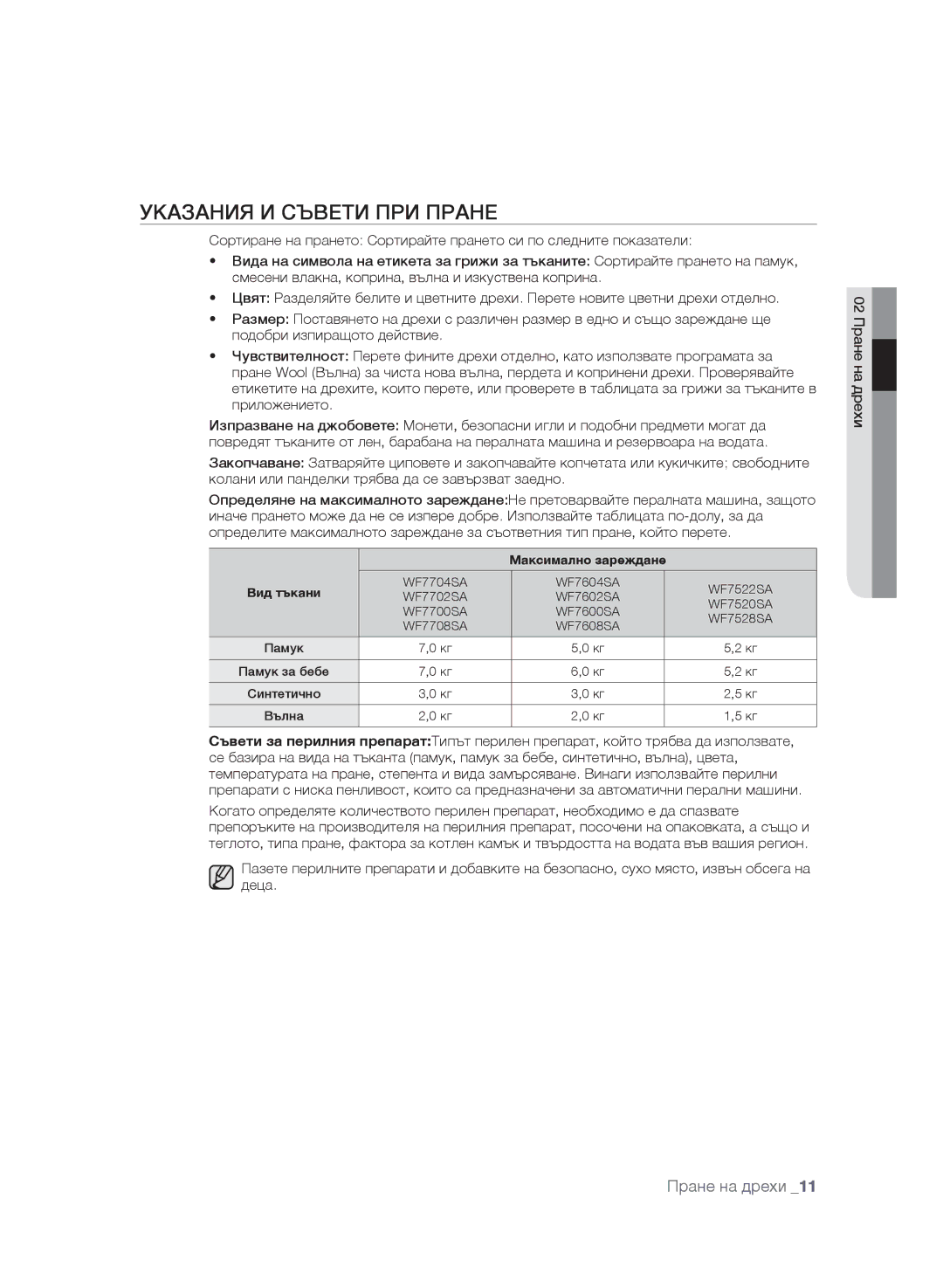 Samsung WF7604SAV/YLE, WF7600SAV/YLE, WF7602SAV/YLE manual Указания И Съвети ПРИ Пране, Максимално зареждане 