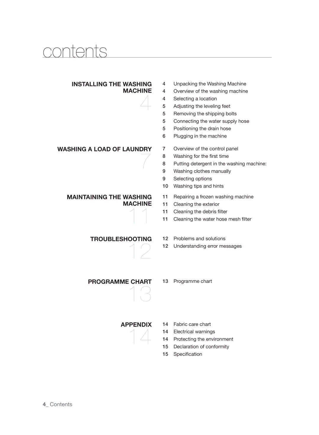 Samsung WF7602SAV/YLE, WF7600SAV/YLE, WF7604SAV/YLE manual Contents 