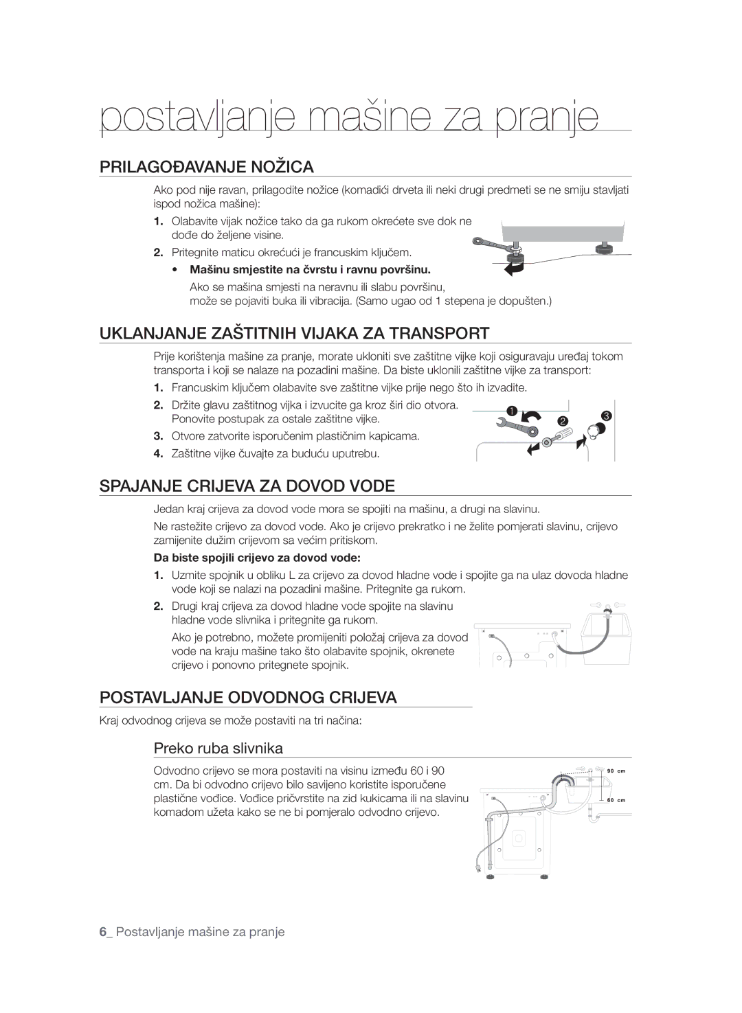 Samsung WF7600SAV/YLE manual Postavljanje mašine za pranje, Prilagođavanje Nožica, Uklanjanje Zaštitnih Vijaka ZA Transport 