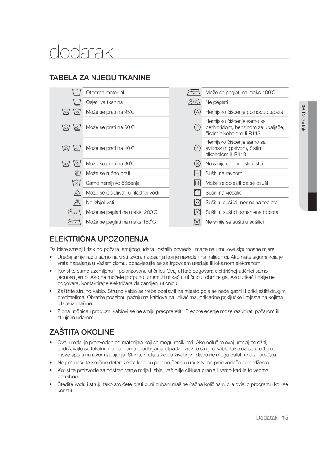 Samsung WF7600SAV/YLE, WF7602SAV/YLE manual Dodatak, Tabela ZA Njegu Tkanine, Električna Upozorenja, Zaštita Okoline 