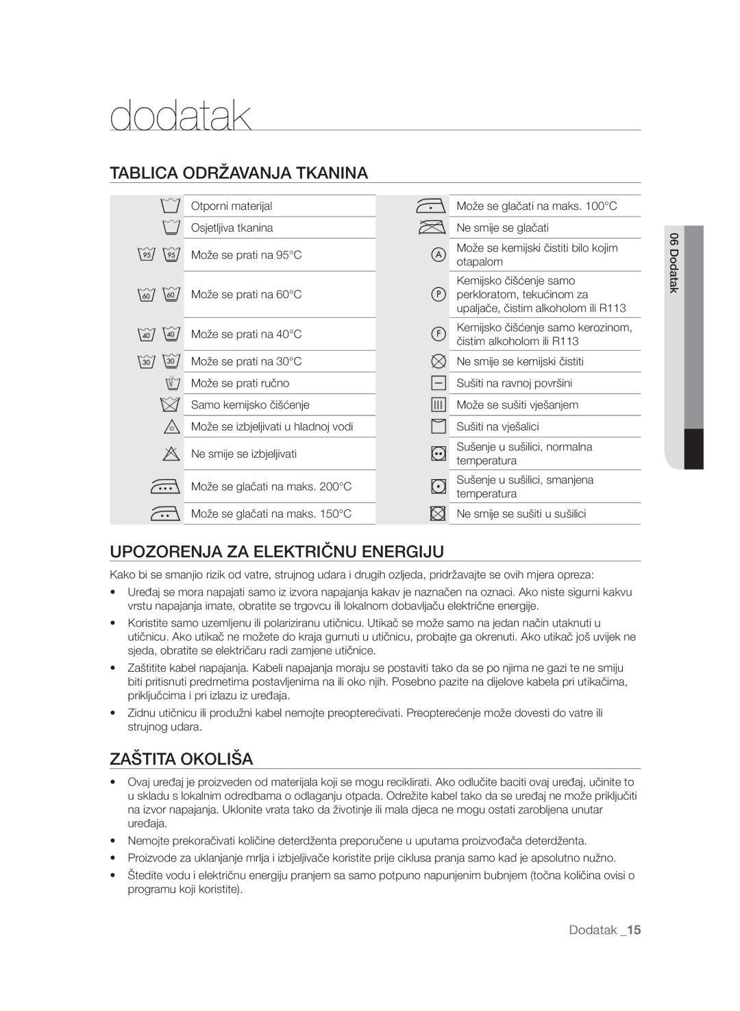 Samsung WF7600SAV/YLE, WF7602SAV/YLE manual Tablica Održavanja Tkanina, Upozorenja ZA Električnu Energiju, Zaštita Okoliša 