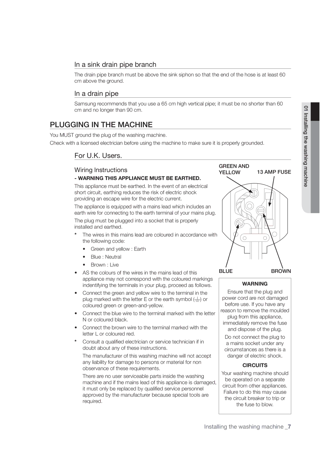 Samsung WF7602SAV/YLE, WF7600SAV/YLE Plugging in the Machine, Ln a sink drain pipe branch, Ln a drain pipe, For U.K. Users 