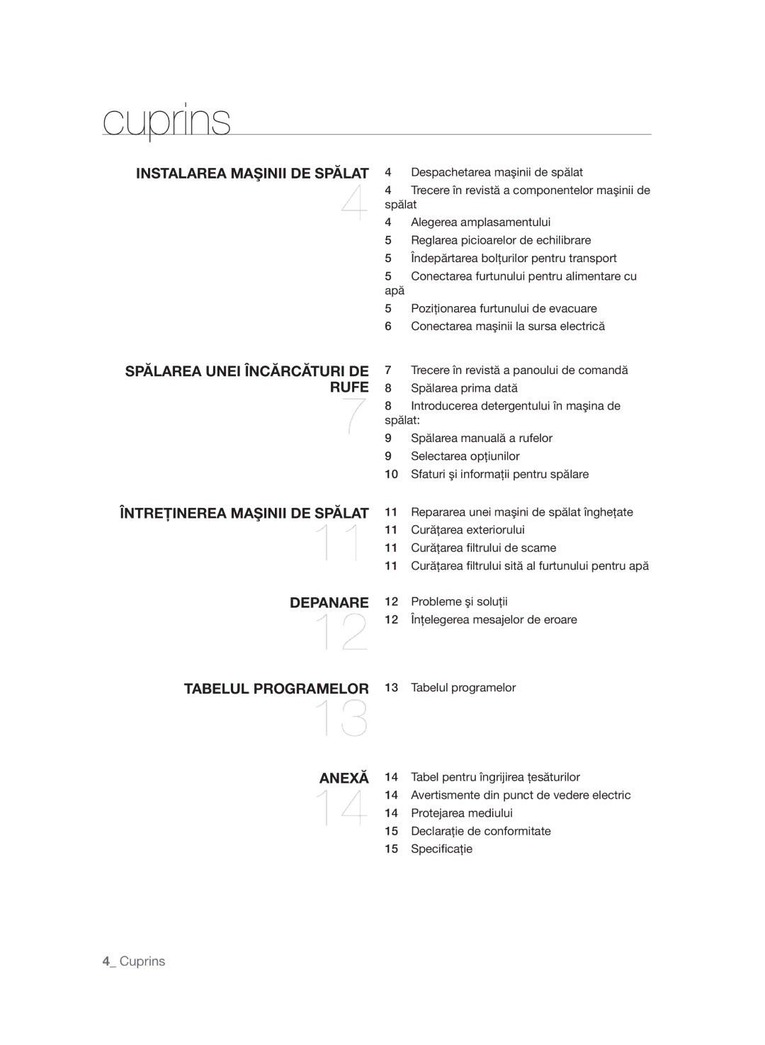 Samsung WF7602SAV/YLE, WF7600SAV/YLE, WF7604SAV/YLE manual Cuprins 