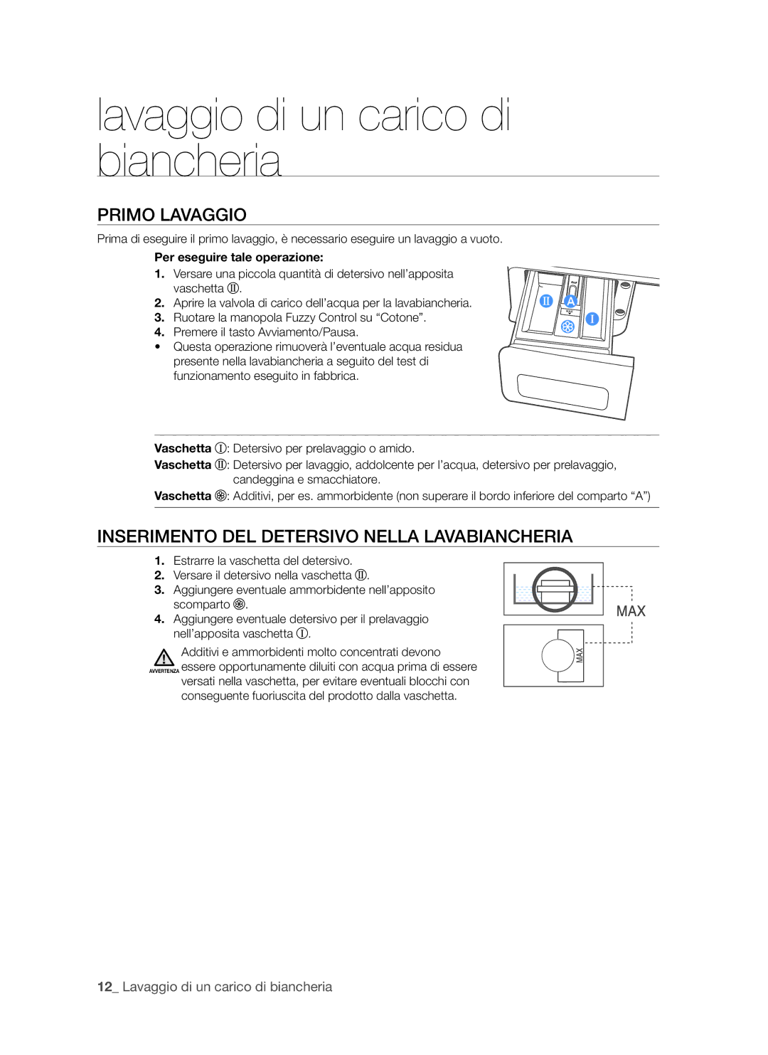 Samsung WF7602NUW/XET, WF7520NUV/XET manual Primo Lavaggio, Inserimento DEL Detersivo Nella Lavabiancheria 