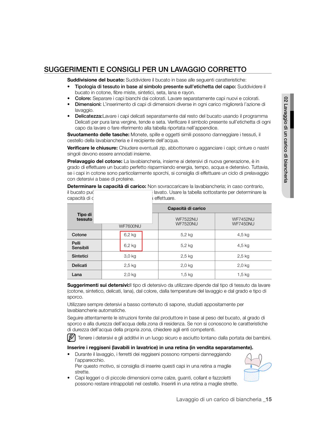 Samsung WF7520NUV/XET, WF7602NUW/XET manual Suggerimenti E Consigli PER UN Lavaggio Corretto, Tessuto 