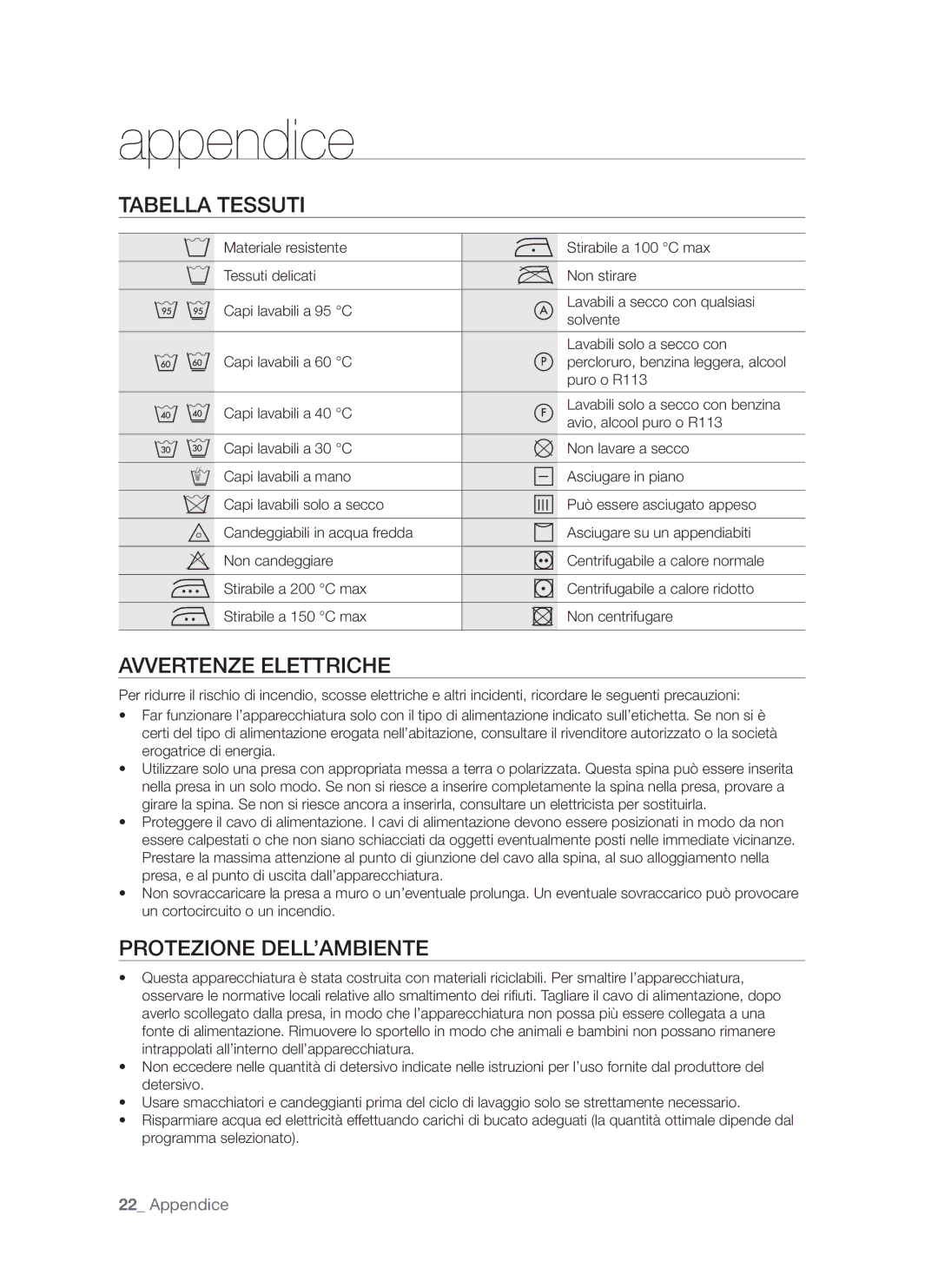 Samsung WF7602NUW/XET, WF7520NUV/XET manual Appendice, Tabella Tessuti, Avvertenze Elettriche, Protezione DELL’AMBIENTE 