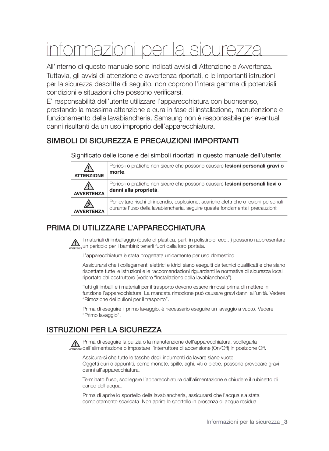 Samsung WF7520NUV/XET, WF7602NUW/XET manual Informazioni per la sicurezza, Simboli DI Sicurezza E Precauzioni Importanti 