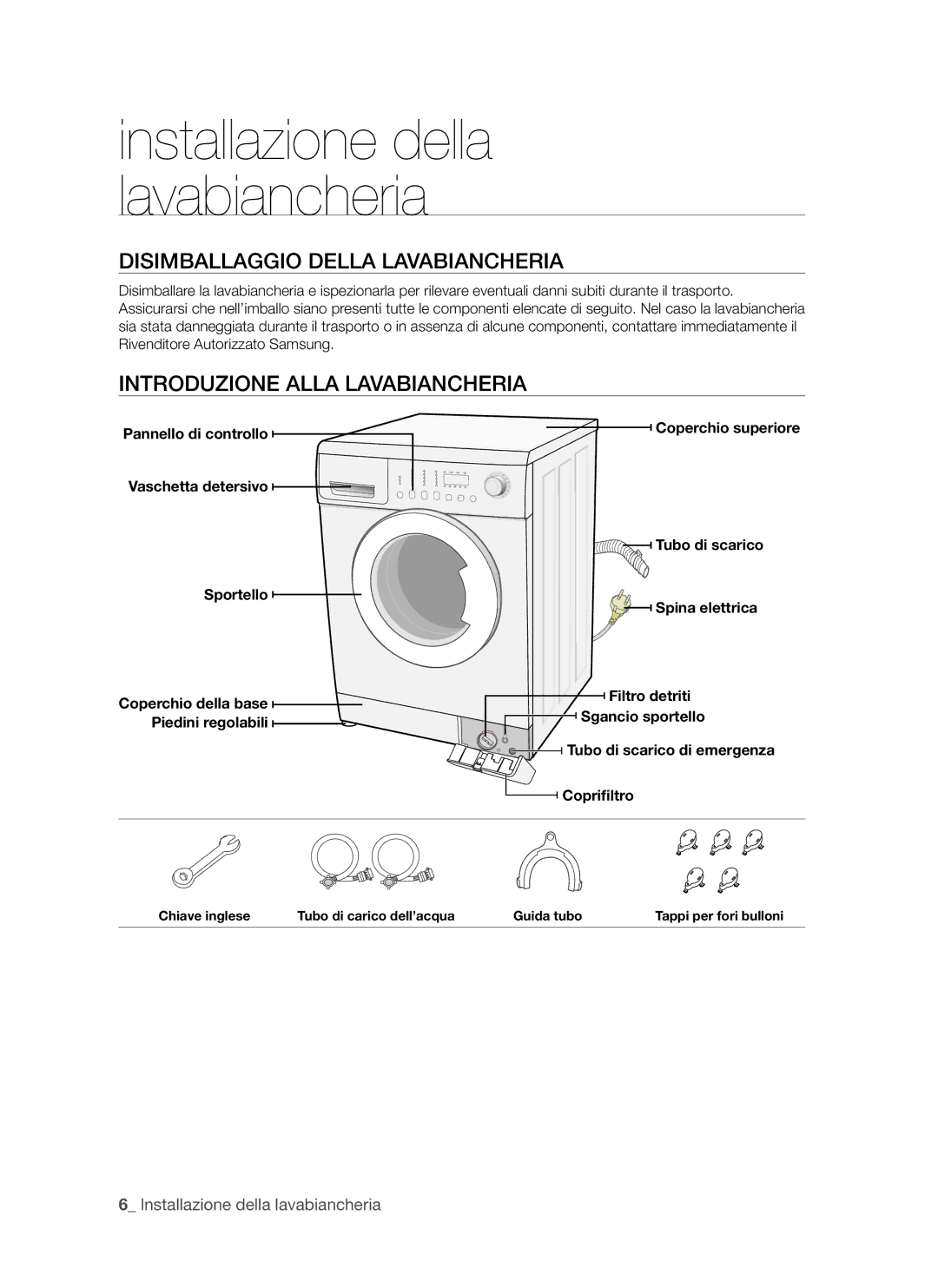 Samsung WF7602NUW/XET, WF7520NUV/XET manual Disimballaggio Della Lavabiancheria, Introduzione Alla Lavabiancheria 