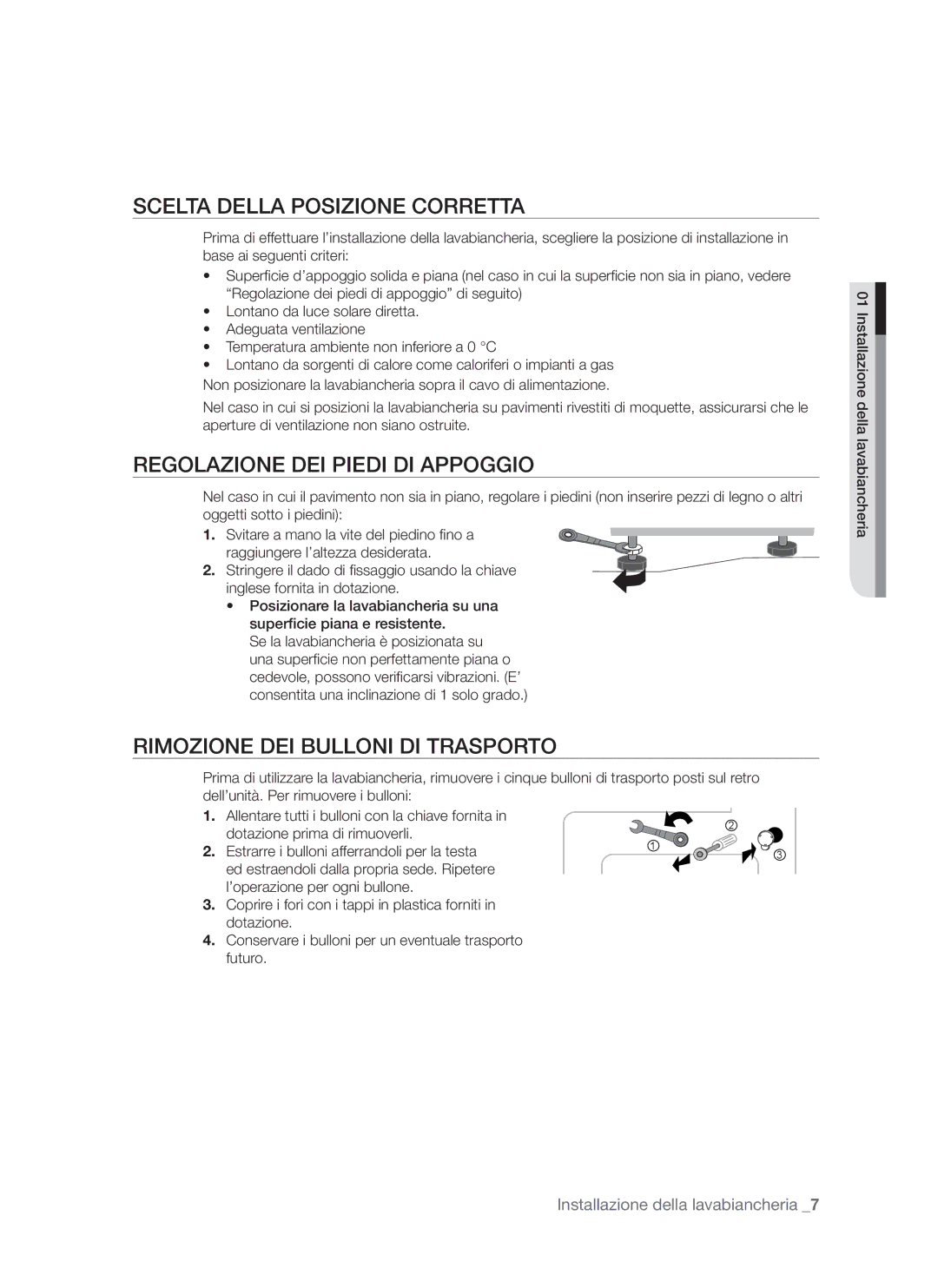 Samsung WF7520NUV/XET, WF7602NUW/XET manual Scelta Della Posizione Corretta, Regolazione DEI Piedi DI Appoggio 