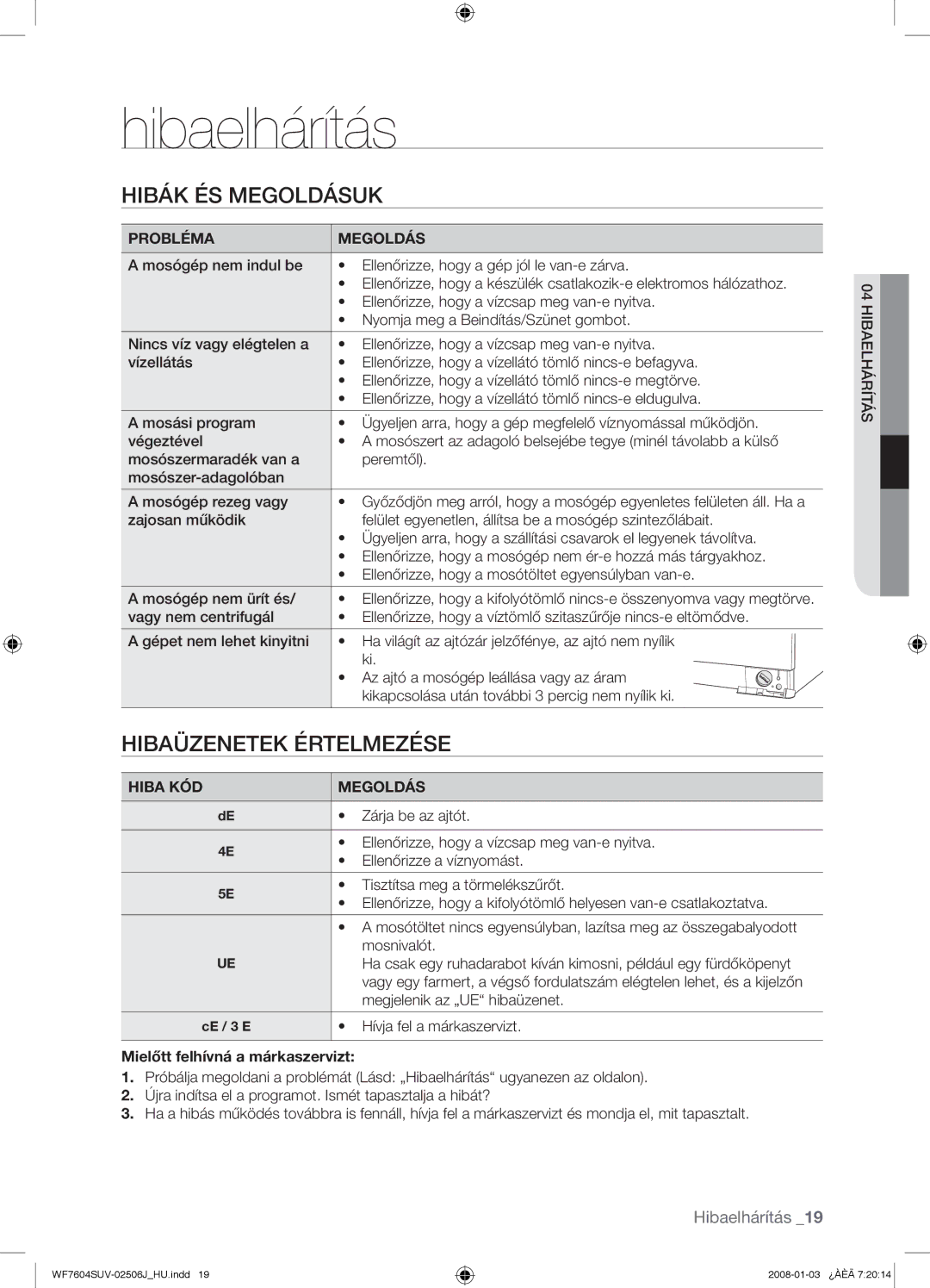 Samsung WF7452SUV/XEO manual Hibaelhárítás, Hibák ÉS Megoldásuk, Hibaüzenetek Értelmezése, Mielőtt felhívná a márkaszervizt 