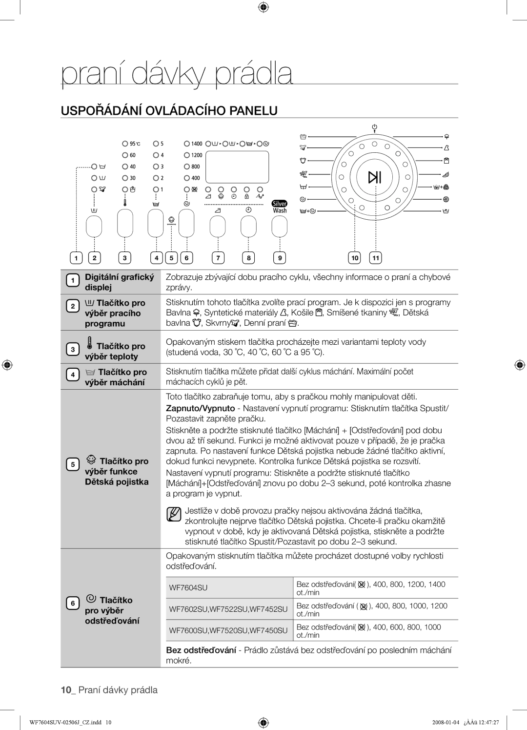 Samsung WF7522SUV/XEO, WF7602SUV/XEH manual Praní dávky prádla, Uspořádání Ovládacího Panelu, Displejzprávy, Dětská pojistka 