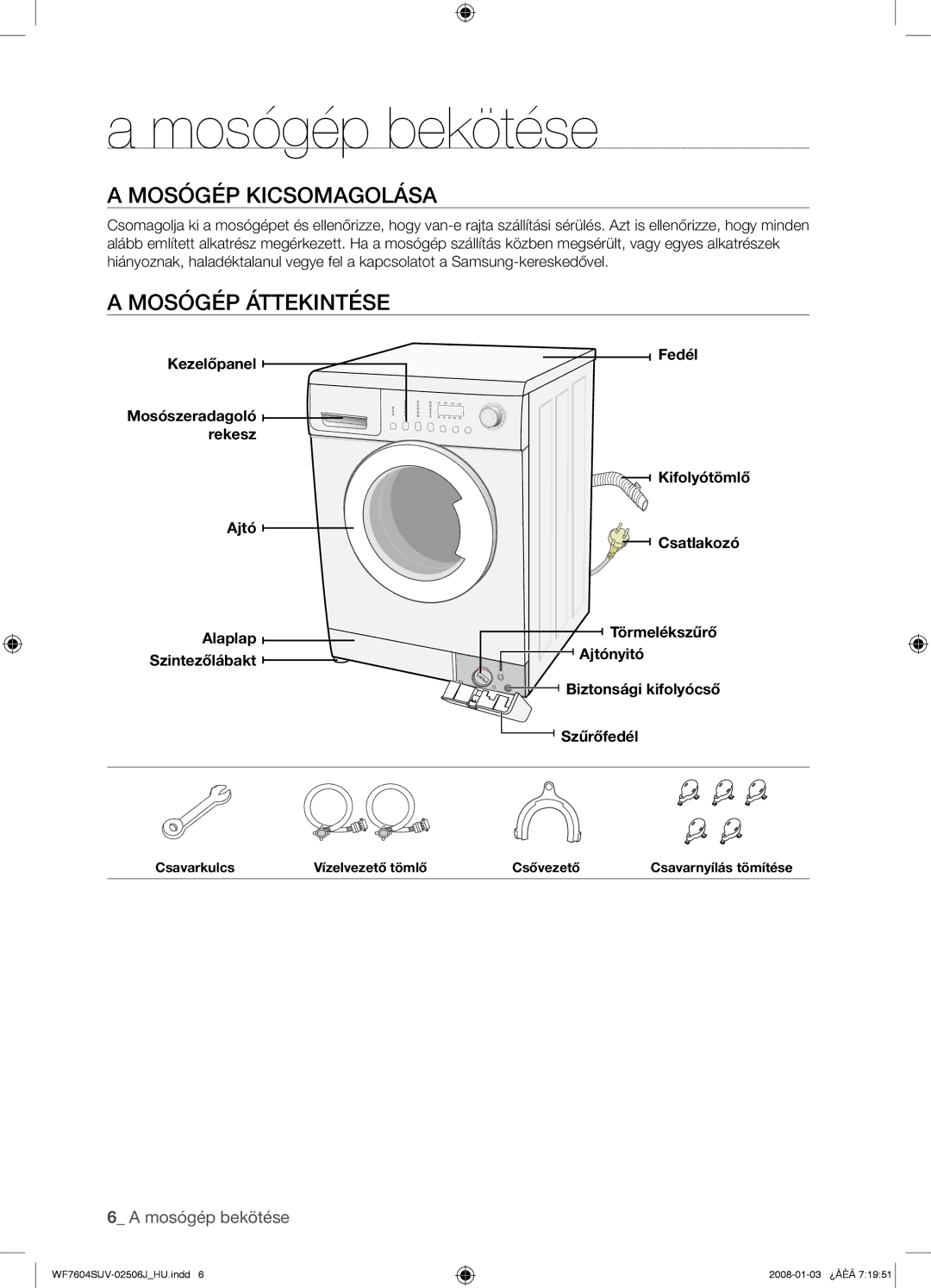 Samsung WF7522SUV/XEO, WF7602SUV/XEH, WF7450SUV/XEH manual Mosógép bekötése, Mosógép Kicsomagolása, Mosógép Áttekintése 