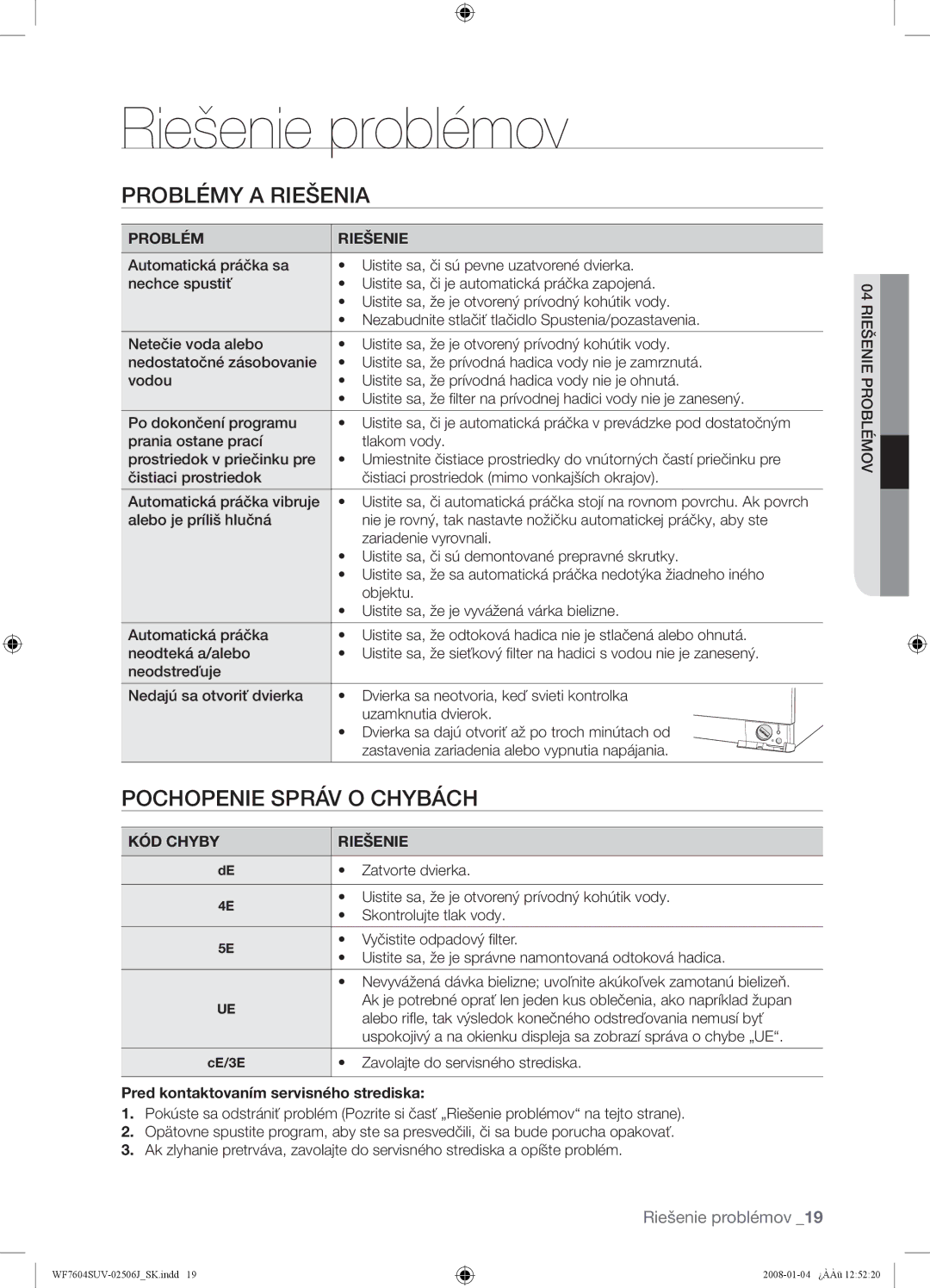 Samsung WF7452SUV/XEH, WF7602SUV/XEH, WF7450SUV/XEH Riešenie problémov, Problémy a Riešenia, Pochopenie Správ O Chybách 