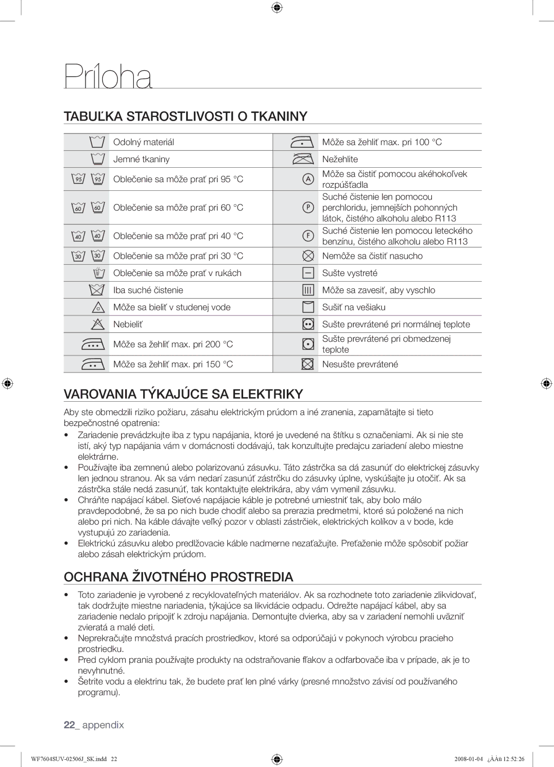 Samsung WF7602SUV/XEH, WF7450SUV/XEH manual Príloha, Tabuľka Starostlivosti O Tkaniny, Varovania Týkajúce SA Elektriky 