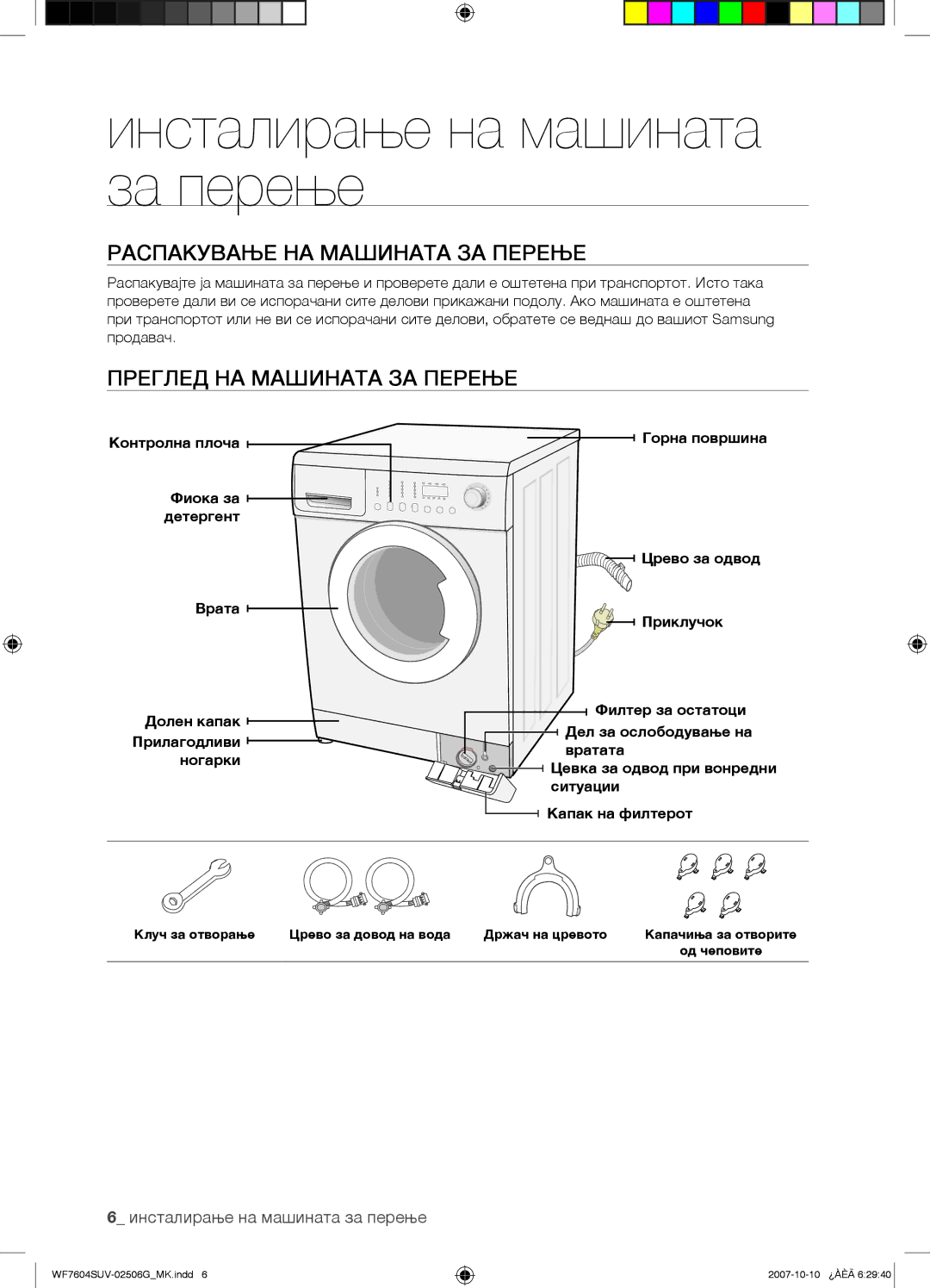 Samsung WF7604SUV/YLE Инсталирање на машината за перење, Распакување НА Машината ЗА Перење, Преглед НА Машината ЗА Перење 