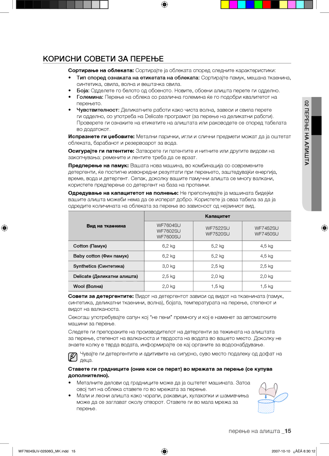 Samsung WF7602SUV/YLE, WF7604SUV/YLE manual Корисни Совети ЗА Перење, Капацитет Вид на ткаенина 