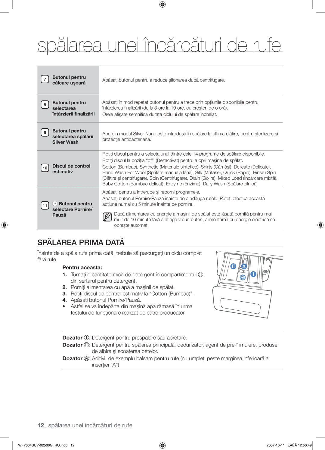 Samsung WF7604SUV/YLE, WF7602SUV/YLE manual Spălarea unei încărcături de rufe, Spălarea Prima Dată, Pentru aceasta 