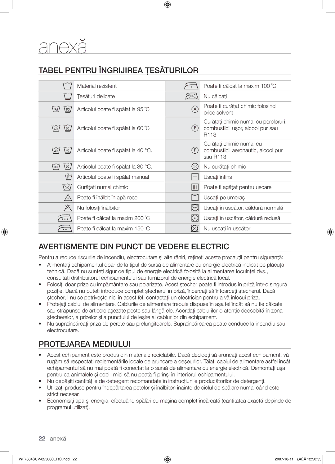 Samsung WF7604SUV/YLE, WF7602SUV/YLE Anexă, Tabel Pentru Îngrijirea Ţesăturilor, Avertismente DIN Punct DE Vedere Electric 