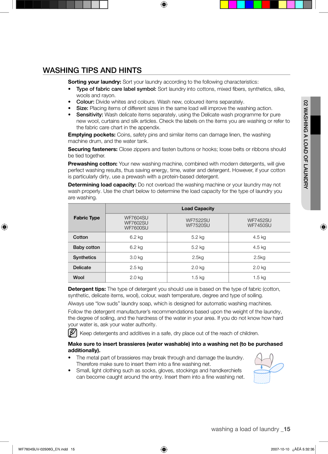 Samsung WF7602SUV/YLE, WF7604SUV/YLE manual Washing Tips and Hints, Load Capacity Fabric Type 