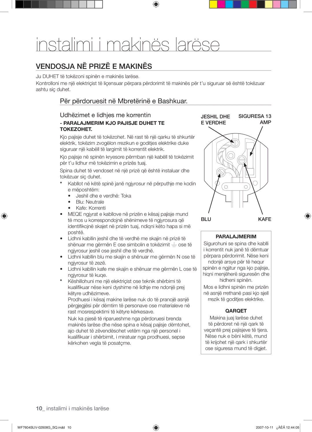 Samsung WF7604SUV/YLE, WF7602SUV/YLE manual Vendosja NË Prizë E Makinës, Për përdoruesit në Mbretërinë e Bashkuar 