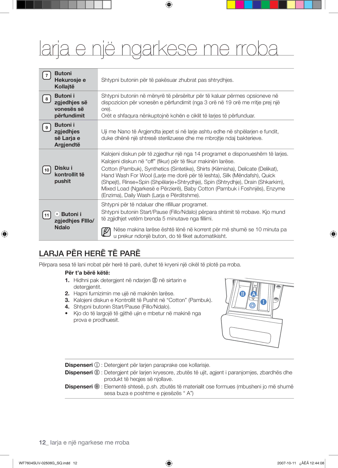 Samsung WF7604SUV/YLE, WF7602SUV/YLE manual Larja PËR Herë TË Parë 