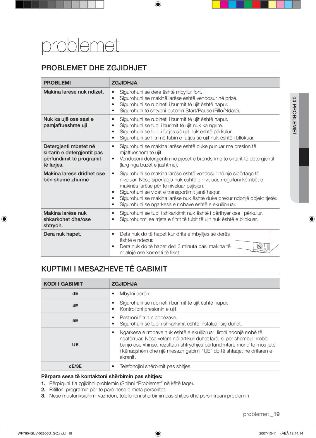 Samsung WF7602SUV/YLE, WF7604SUV/YLE manual Problemet DHE Zgjidhjet, Kuptimi I Mesazheve TË Gabimit, Problemi Zgjidhja 