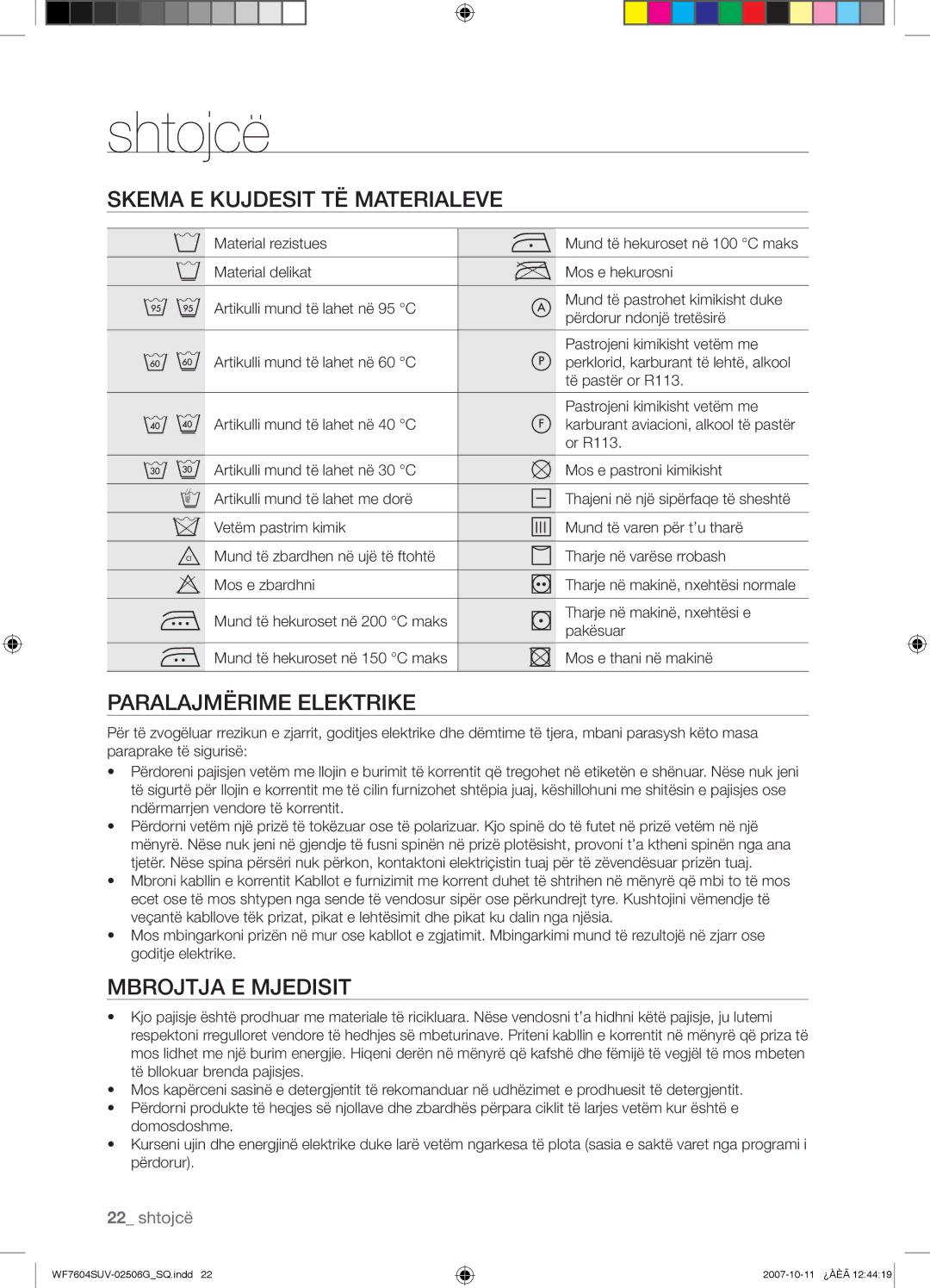 Samsung WF7604SUV/YLE manual Shtojcë, Skema E Kujdesit TË Materialeve, Paralajmërime Elektrike, Mbrojtja E Mjedisit 