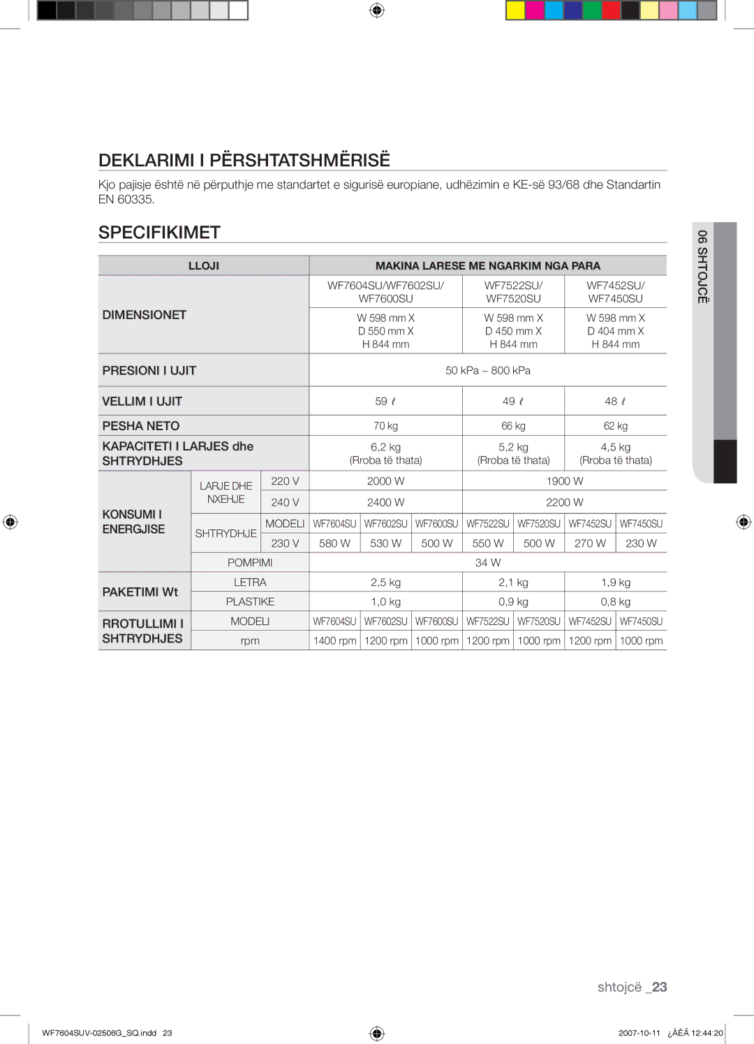 Samsung WF7602SUV/YLE, WF7604SUV/YLE manual Deklarimi I Përshtatshmërisë, Specifikimet, Kapaciteti I Larjes dhe, Paketimi Wt 