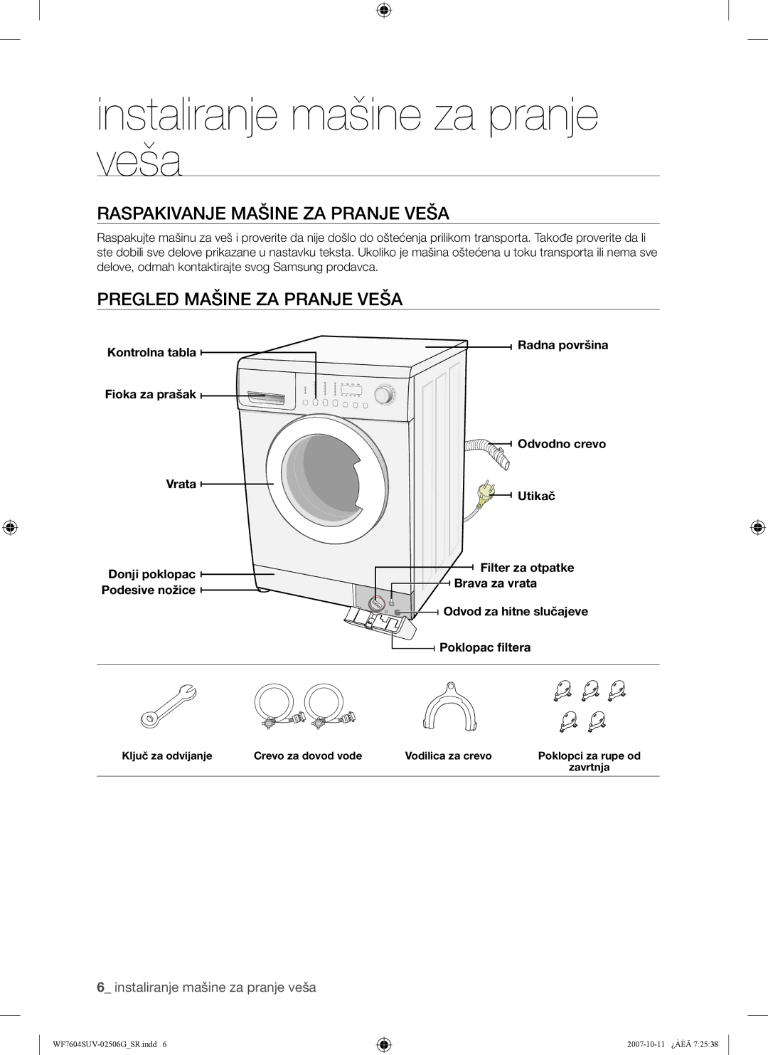 Samsung WF7604SUV/YLE, WF7602SUV/YLE manual Instaliranje mašine za pranje veša, Raspakivanje Mašine ZA Pranje Veša 