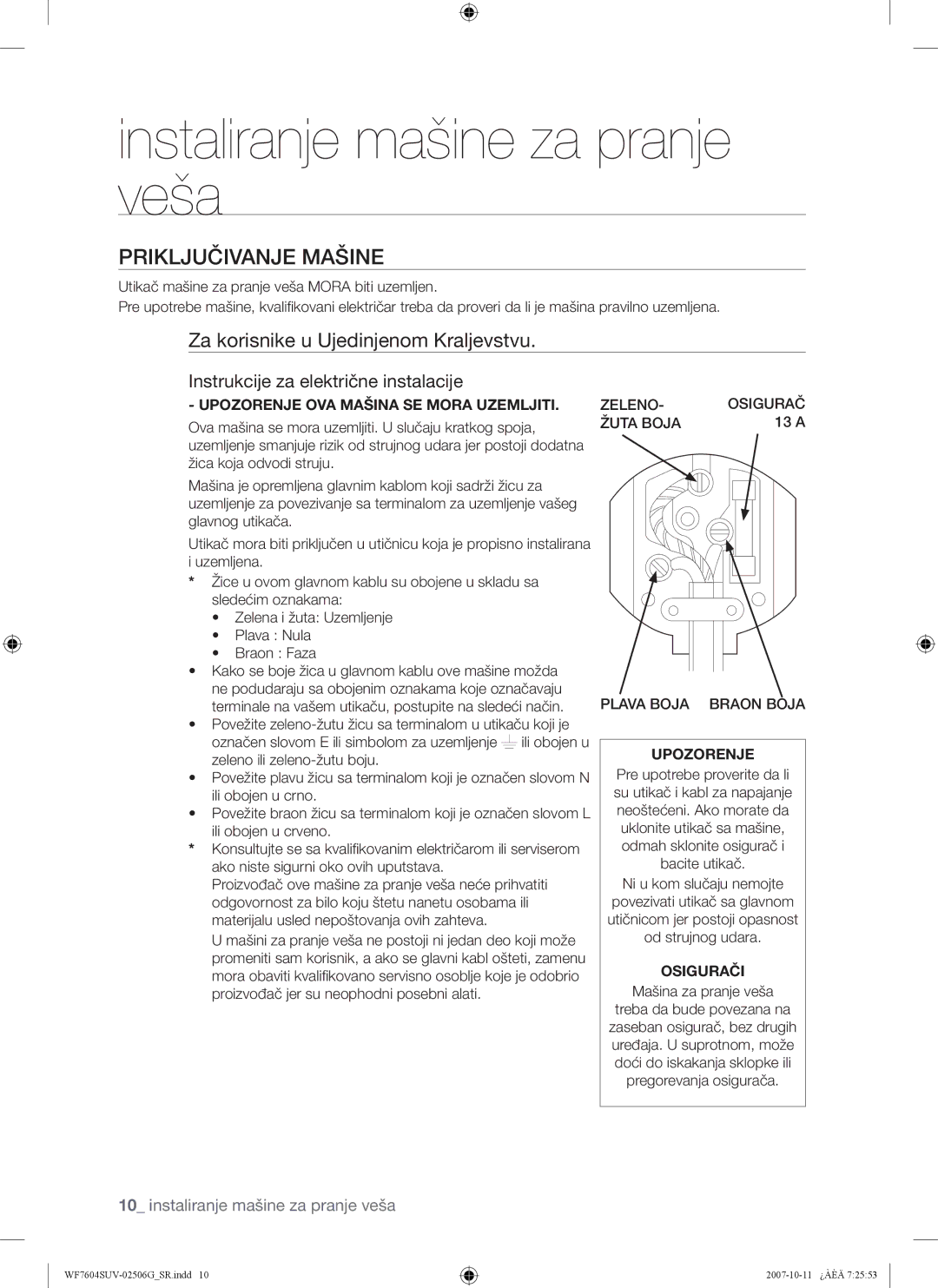 Samsung WF7604SUV/YLE, WF7602SUV/YLE manual Priključivanje Mašine, Instrukcije za električne instalacije, Osigurači 