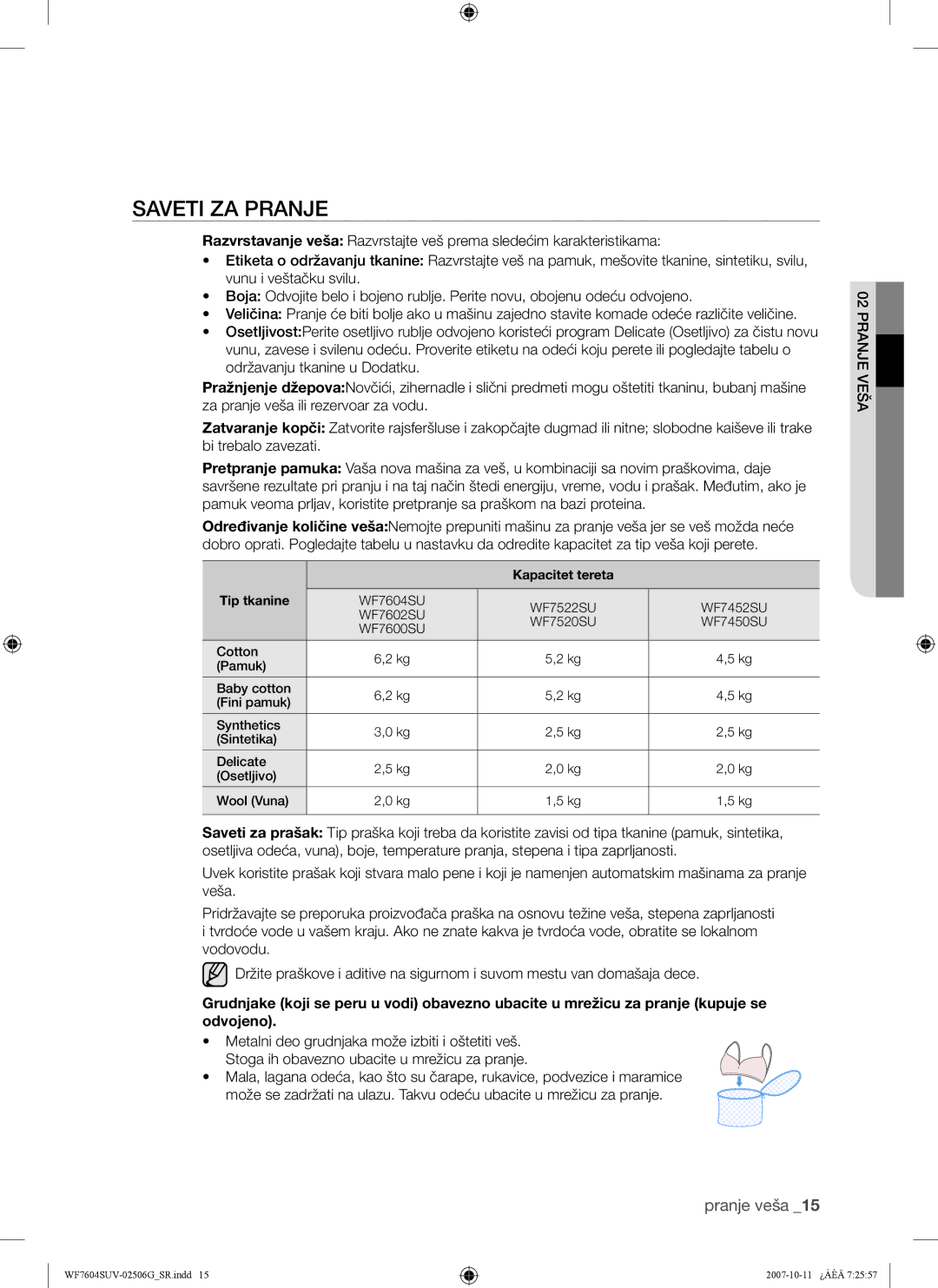 Samsung WF7602SUV/YLE, WF7604SUV/YLE manual Saveti ZA Pranje, Kapacitet tereta Tip tkanine 