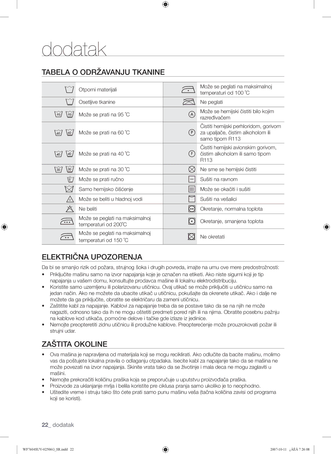 Samsung WF7604SUV/YLE, WF7602SUV/YLE manual Tabela O Održavanju Tkanine, Zaštita Okoline 