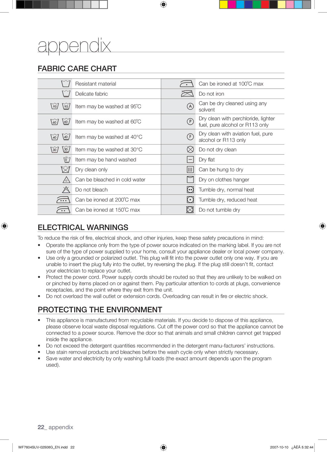 Samsung WF7604SUV/YLE, WF7602SUV/YLE manual Appendix, Fabric Care Chart, Electrical Warnings, Protecting the Environment 