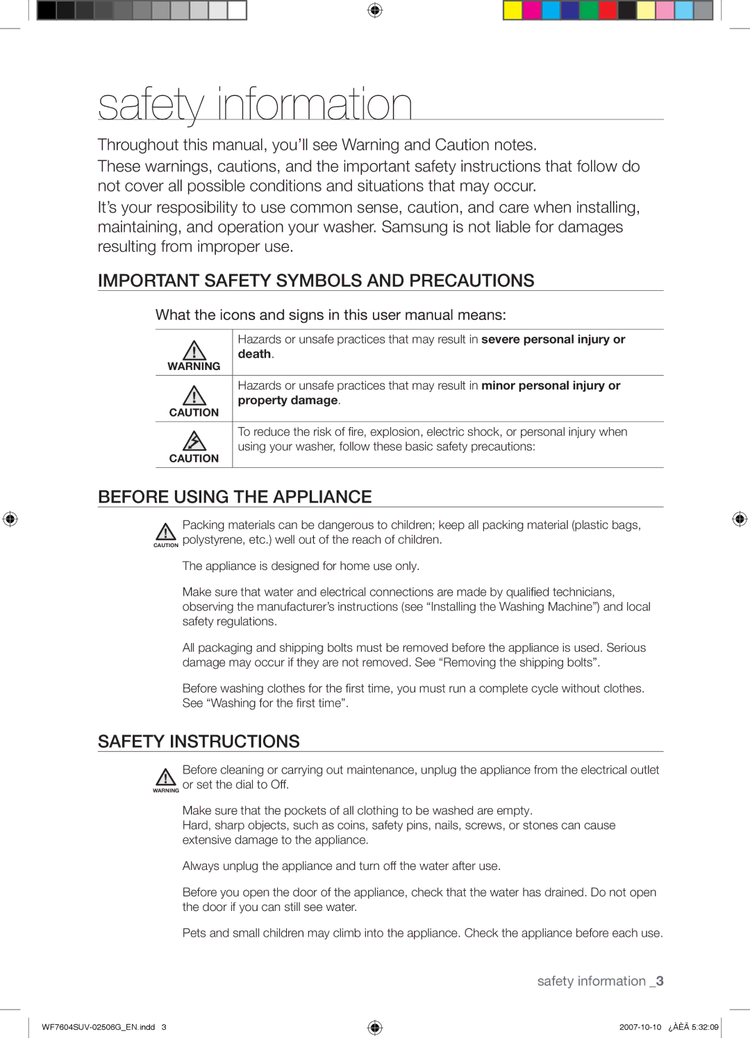 Samsung WF7602SUV/YLE manual Safety information, Important Safety Symbols and Precautions, Before Using the Appliance 