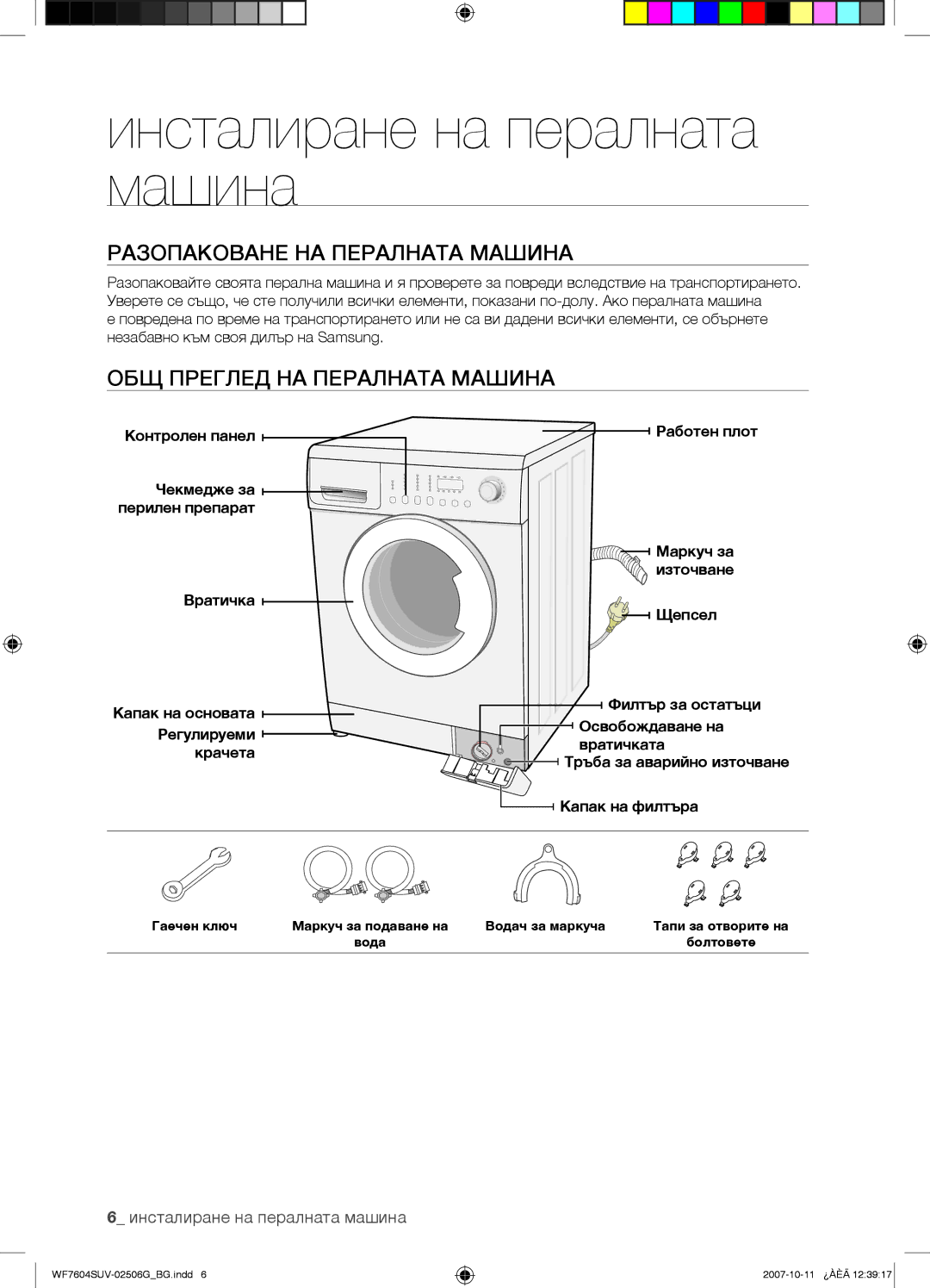 Samsung WF7604SUV/YLE Инсталиране на пералната машина, Разопаковане НА Пералната Машина, ОБЩ Преглед НА Пералната Машина 