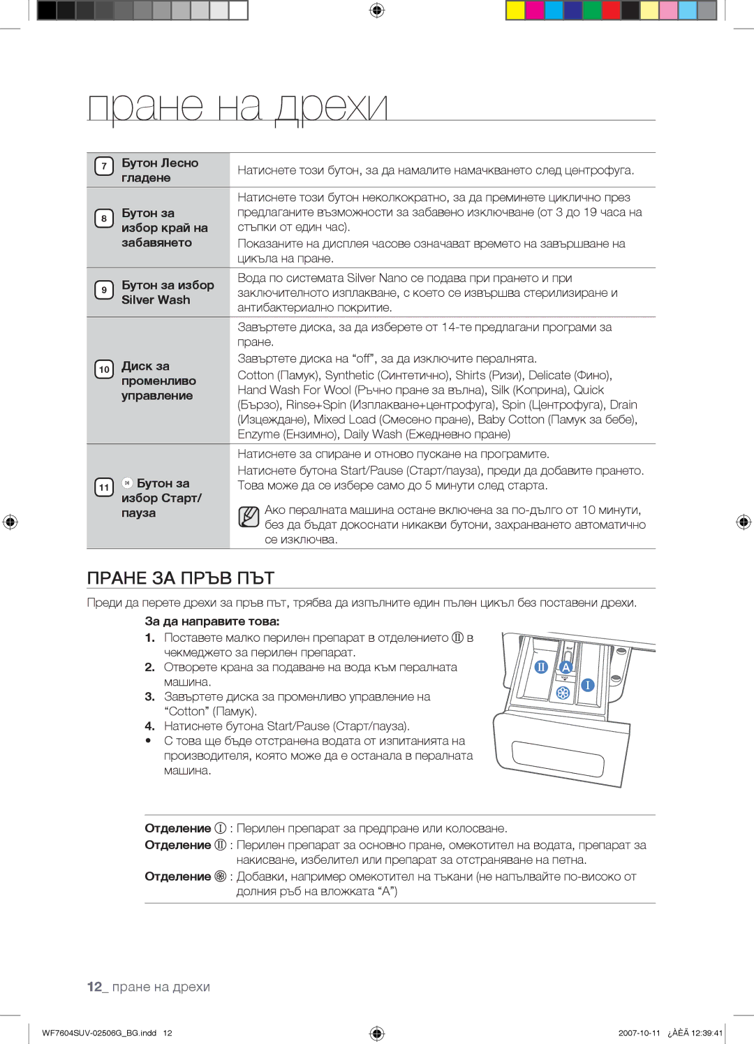 Samsung WF7604SUV/YLE, WF7602SUV/YLE manual Пране ЗА Пръв ПЪТ 