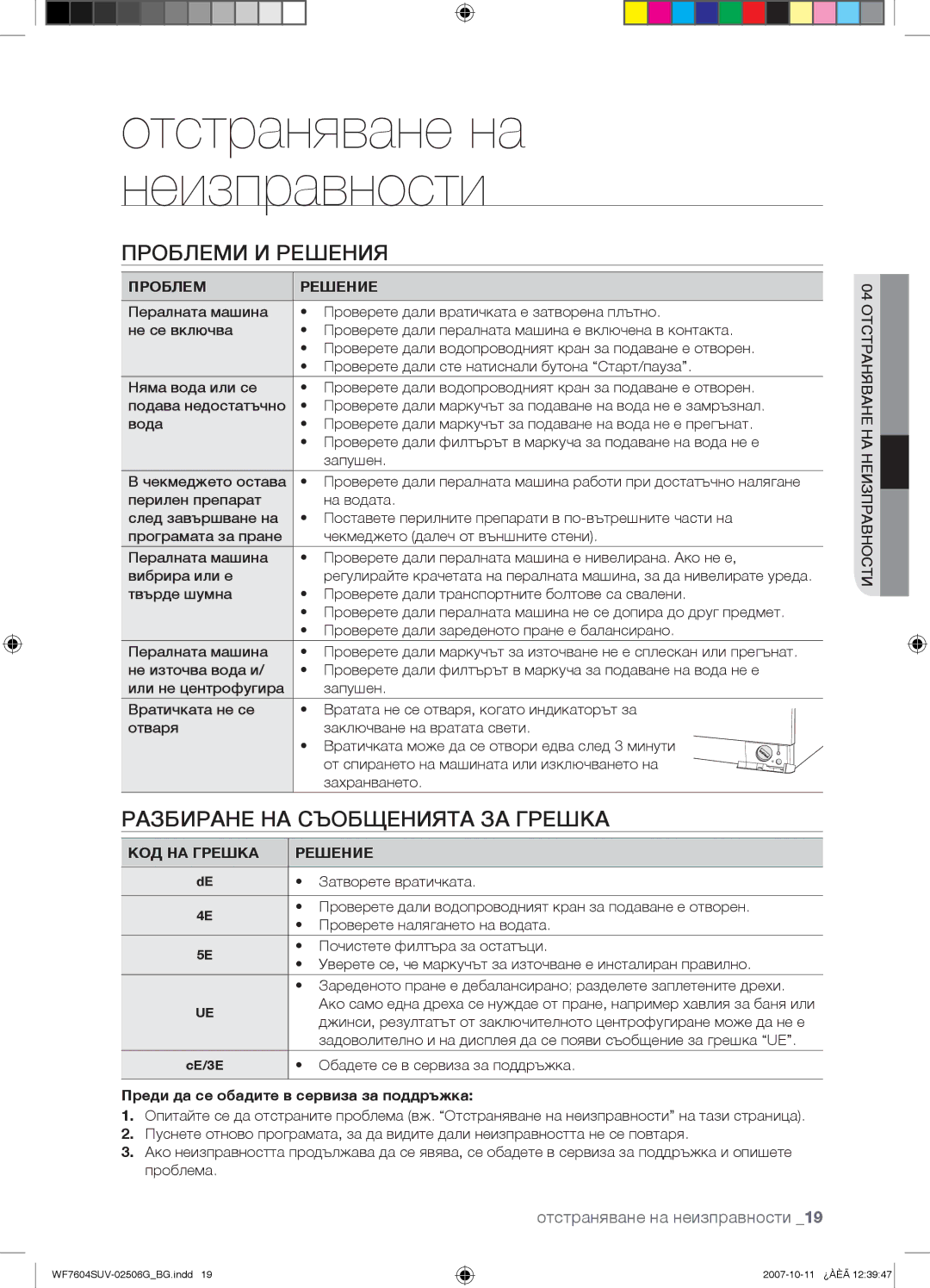 Samsung WF7602SUV/YLE manual Проблеми И Решения, Разбиране НА Съобщенията ЗА Грешка, Проблем Решение, КОД НА Грешка Решение 