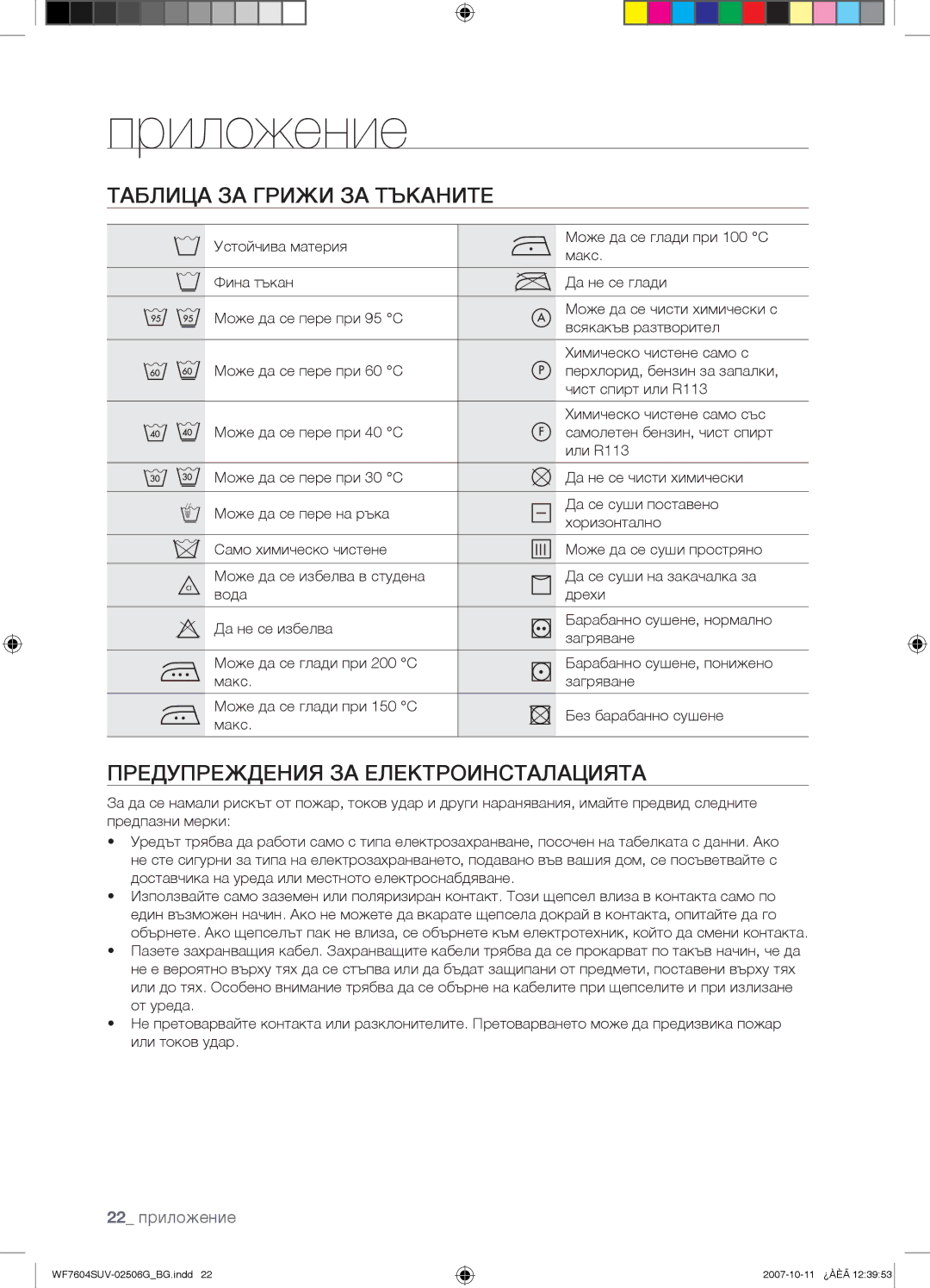 Samsung WF7604SUV/YLE, WF7602SUV/YLE manual Приложение, Таблица ЗА Грижи ЗА Тъканите, Предупреждения ЗА Електроинсталацията 