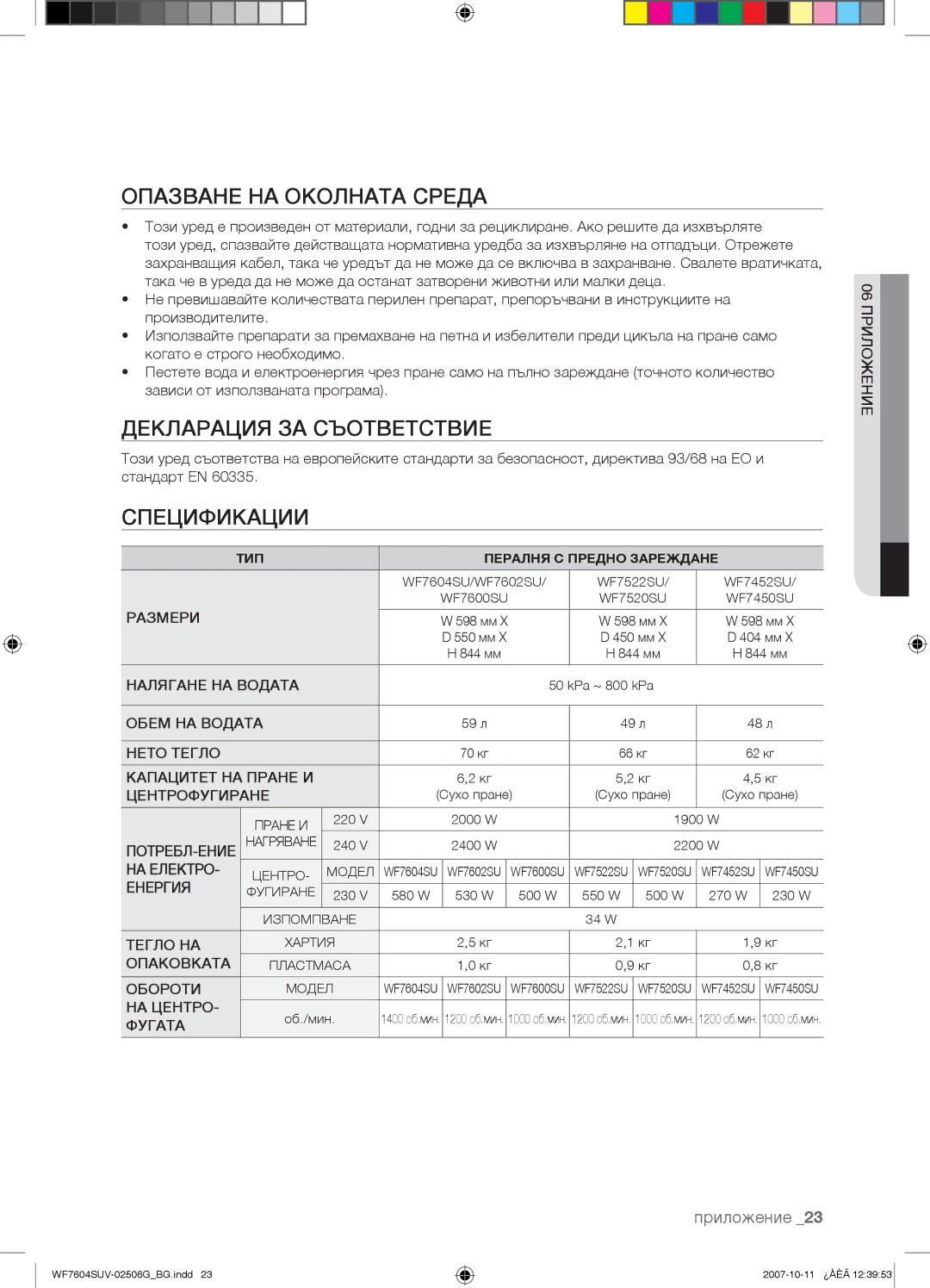 Samsung WF7602SUV/YLE, WF7604SUV/YLE manual Опазване НА Околната Среда, Декларация ЗА Съответствие, Спецификации 