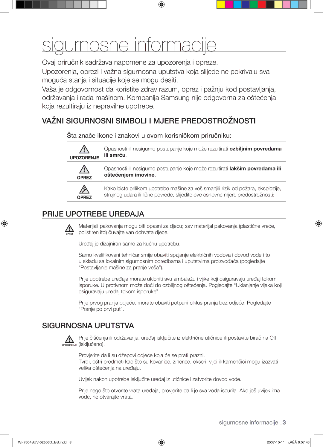 Samsung WF7602SUV/YLE Sigurnosne informacije, Važni Sigurnosni Simboli I Mjere Predostrožnosti, Prije Upotrebe Uređaja 