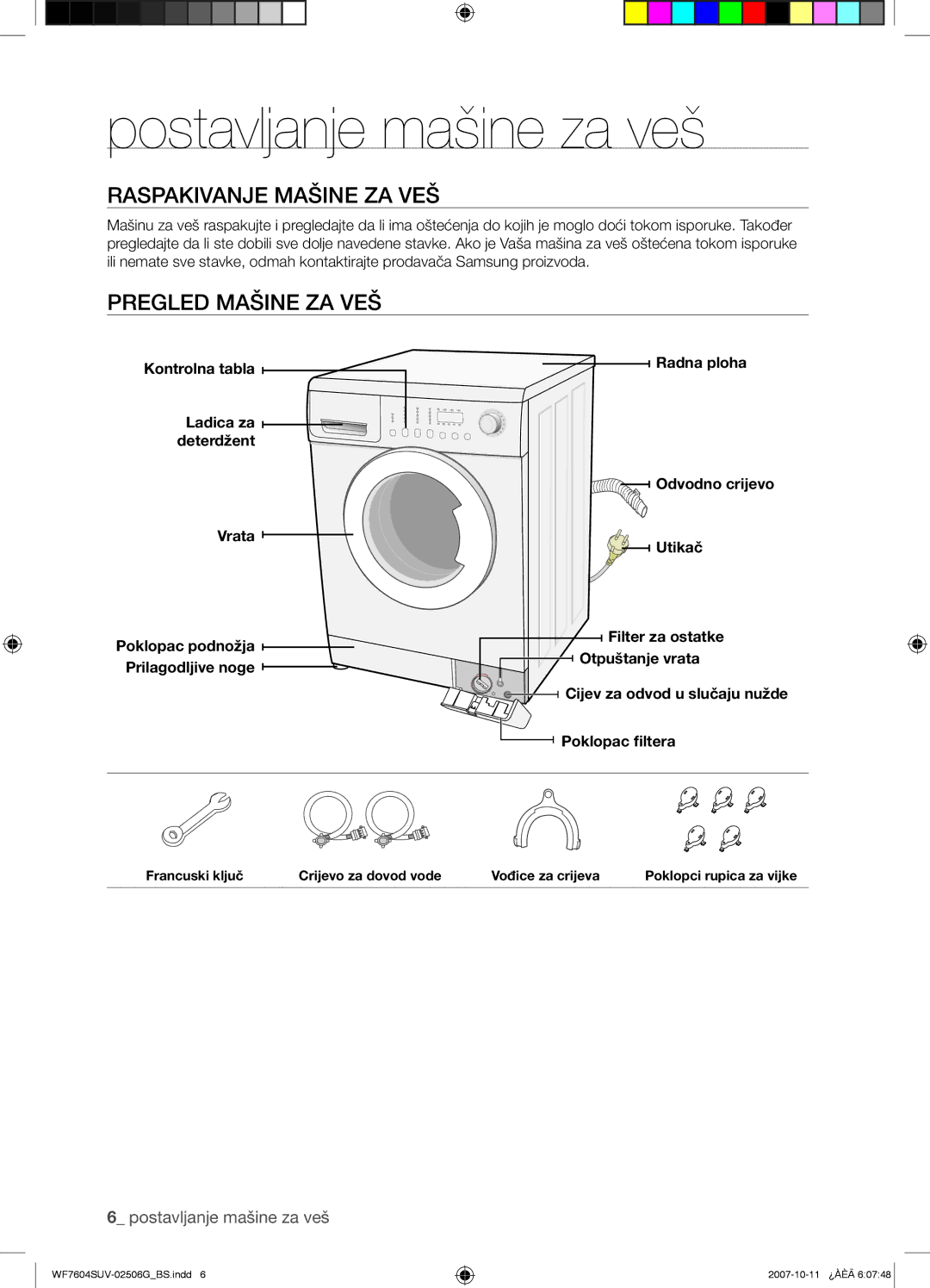 Samsung WF7604SUV/YLE, WF7602SUV/YLE manual Postavljanje mašine za veš, Raspakivanje Mašine ZA VEŠ, Pregled Mašine ZA VEŠ 