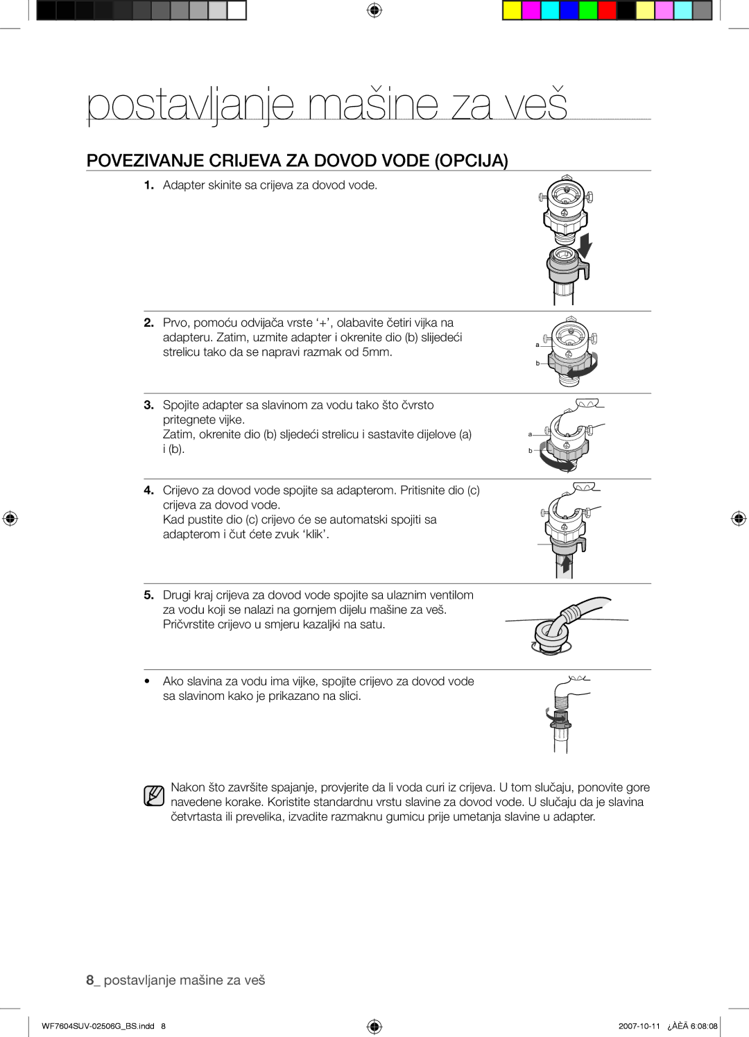 Samsung WF7604SUV/YLE, WF7602SUV/YLE manual Povezivanje Crijeva ZA Dovod Vode Opcija 