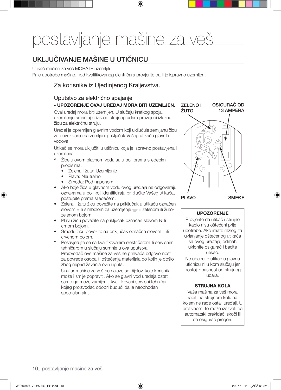 Samsung WF7604SUV/YLE, WF7602SUV/YLE manual Uključivanje Mašine U Utičnicu, Za korisnike iz Ujedinjenog Kraljevstva 