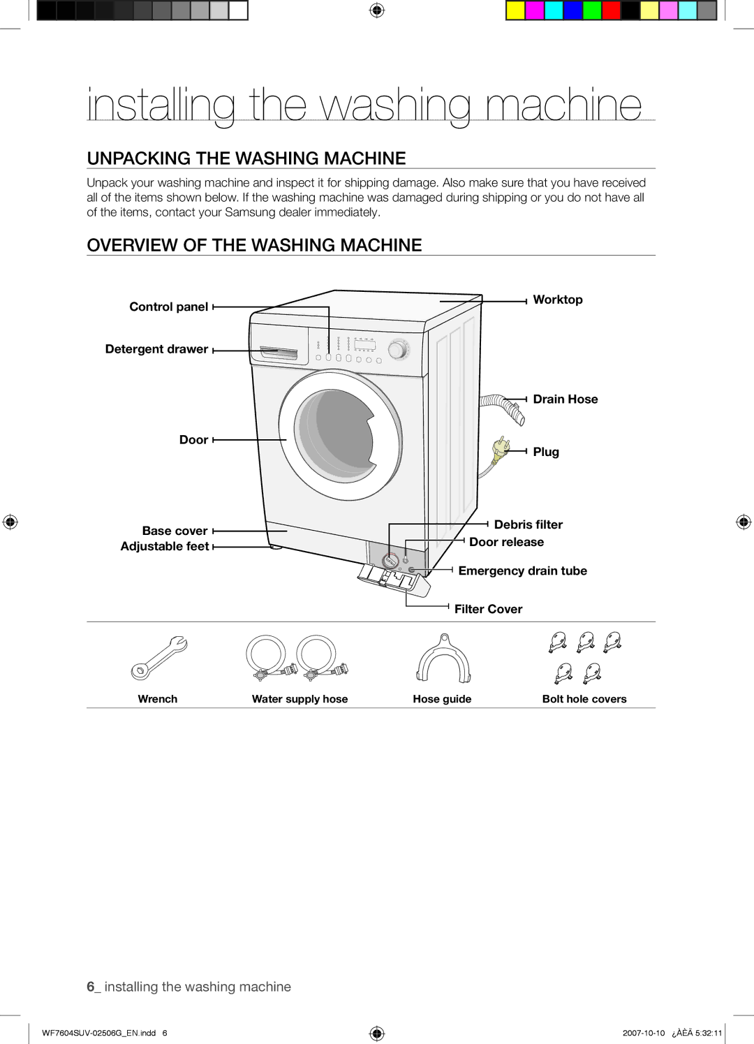 Samsung WF7604SUV/YLE manual Installing the washing machine, Unpacking the Washing Machine, Overview of the Washing Machine 