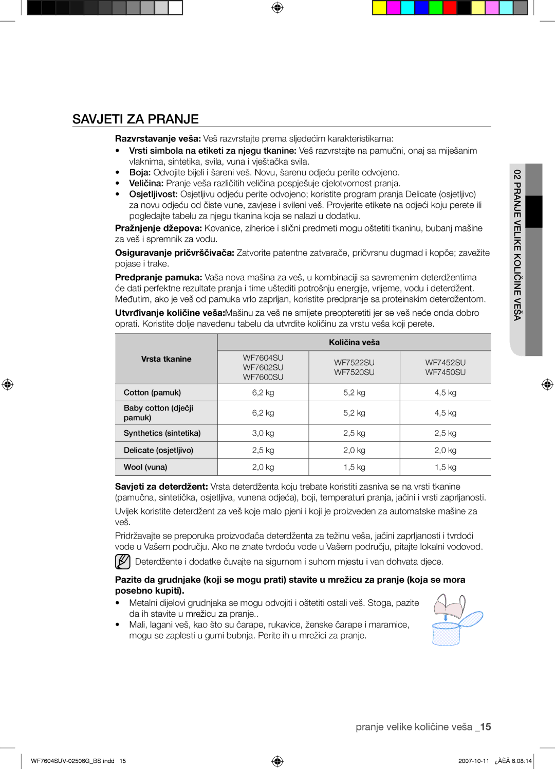 Samsung WF7602SUV/YLE, WF7604SUV/YLE manual Savjeti ZA Pranje, Količina veša Vrsta tkanine 