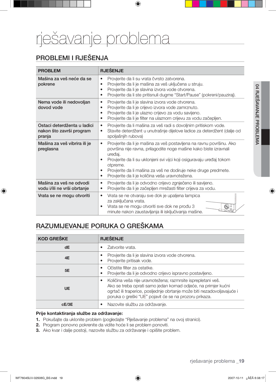 Samsung WF7602SUV/YLE manual Rješavanje problema, Problemi I Rješenja, Razumijevanje Poruka O Greškama, Problem Rješenje 