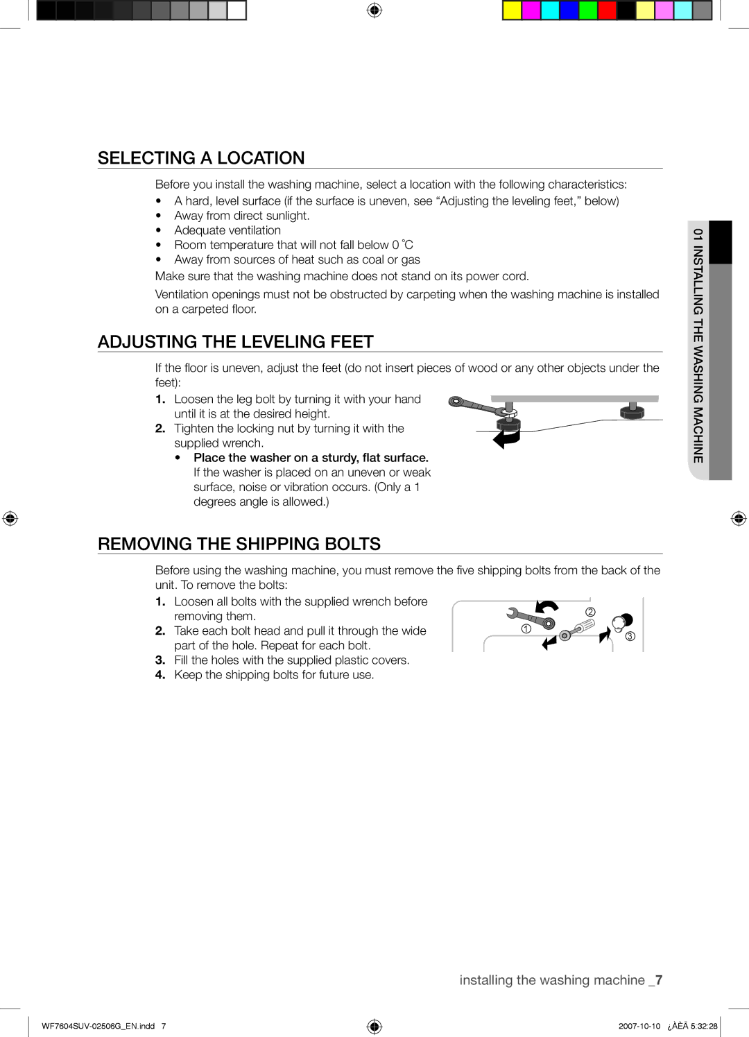 Samsung WF7602SUV/YLE, WF7604SUV/YLE manual Selecting a Location, Adjusting the Leveling Feet, Removing the Shipping Bolts 